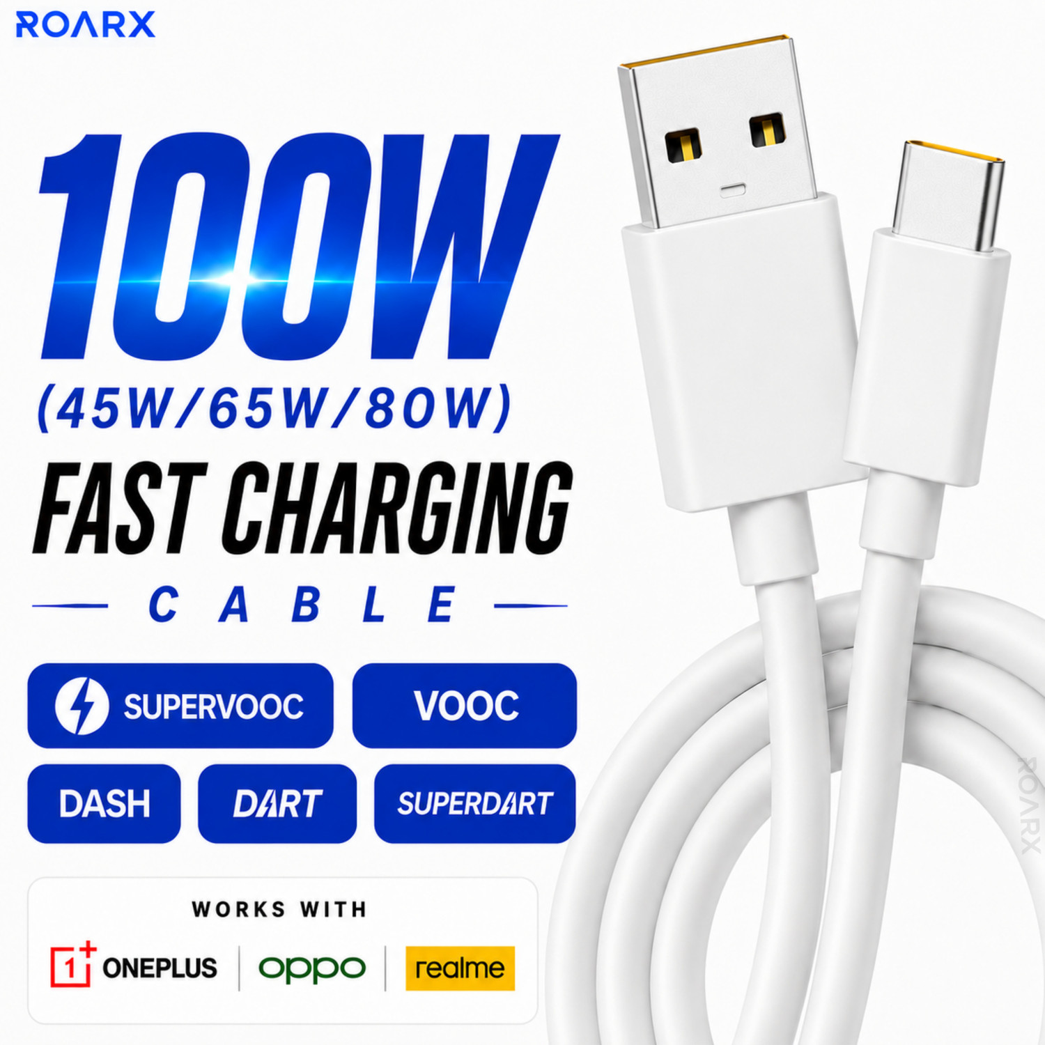 Image of RoarX USB Type C Cable 10 A 1 m 100W,80W,65W,45W, 33 Watt DART /VOOC /SUPERDART /SUPERVOOC realme /oneplus Data Cable C FAST CHARGING CABLE