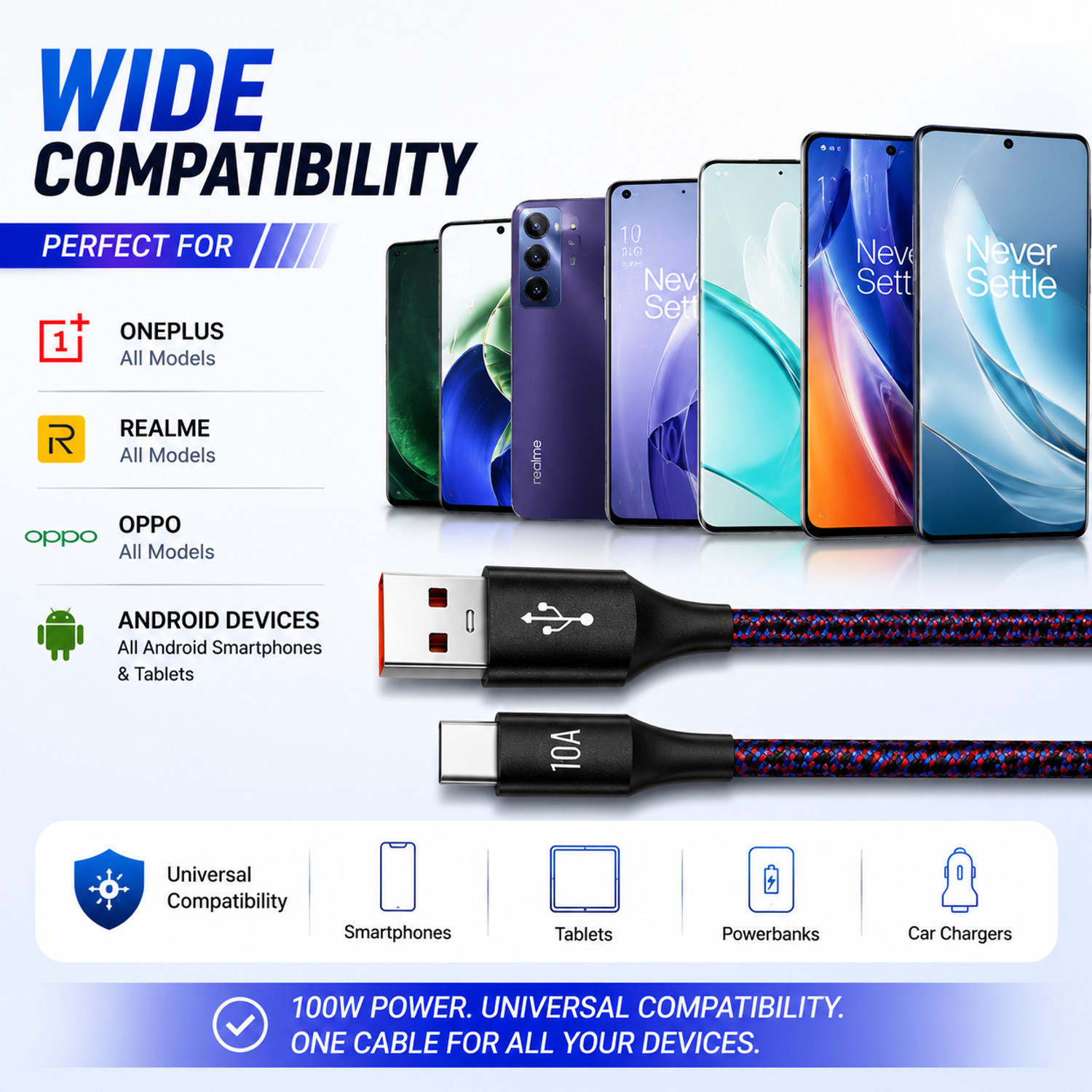 Image of ULTRADART USB Type C Cable 1 m OEM USB to Type C 100W Fast Charging Cable 10A Braided SuperVOOC Warp Dash Dart VOOC Flash Charge Support