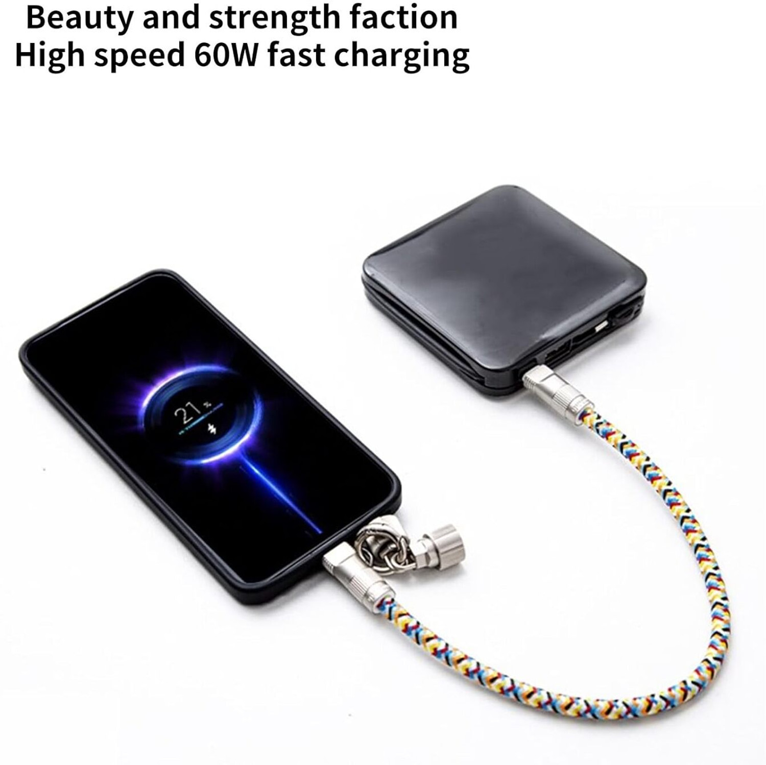 Image of SEVENSPACE USB Type C Cable 1.2 m Colorful Weaving Phone Lanyard Data Line 2 in 1 PD60W USB C to USB C Charging Cable Wire Equipped Lock Buckle