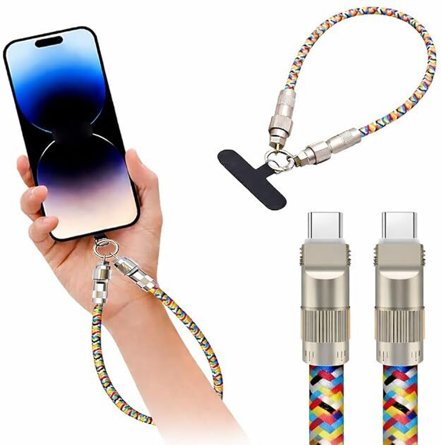 Image of SEVENSPACE USB Type C Cable 1.2 m Colorful Weaving Phone Lanyard Data Line 2 in 1 PD60W USB C to USB C Charging Cable Wire Equipped Lock Buckle