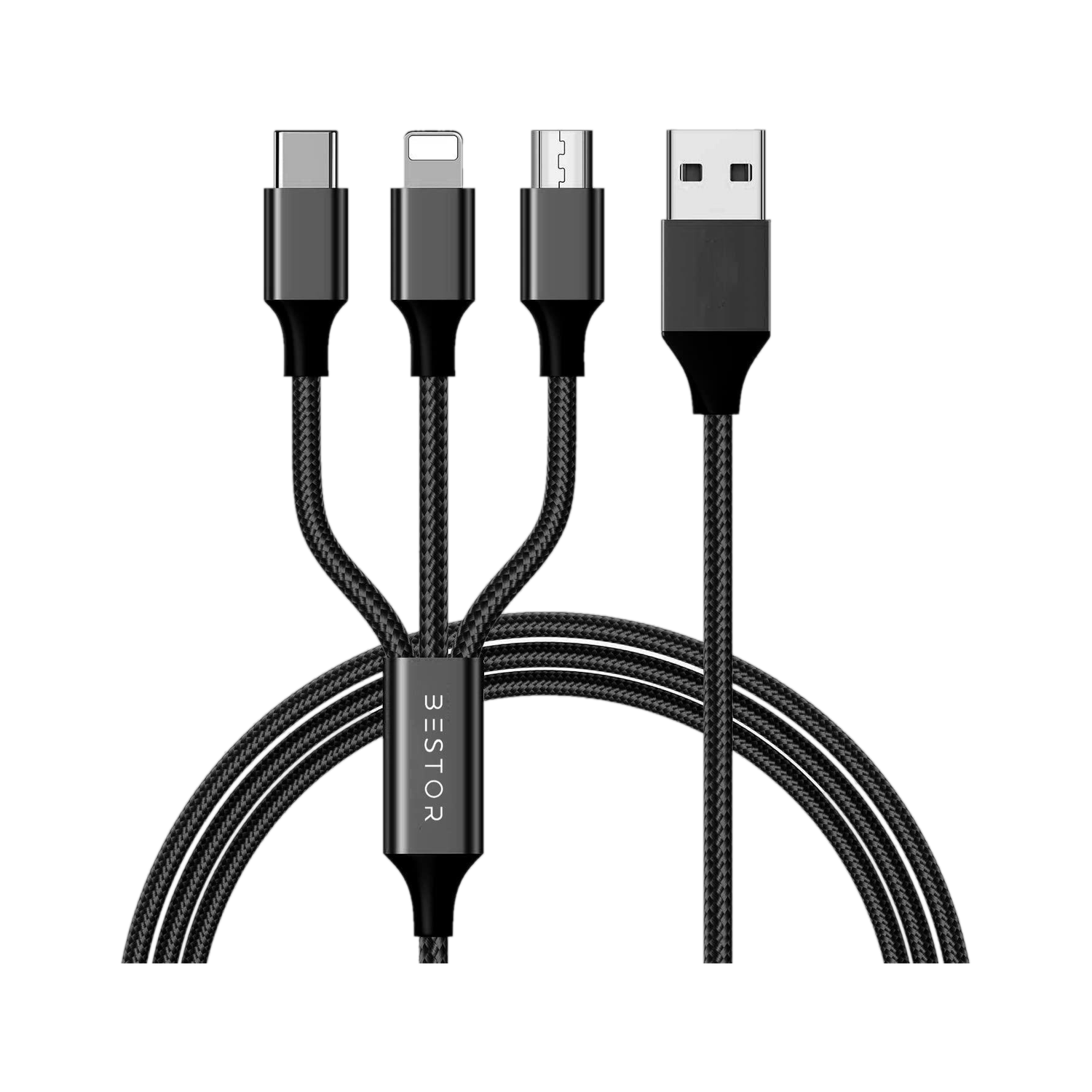 Bestor 3-in-1 Cable 2 A 1.2 m Multi Charging Cable 4ft 3 in 1 Nylon Braided Multiple USB Fast Charging Cable for Android, iOS and Type C Devices USB Port Connectors Compatible Smart Phones & Tablets And More (Black)
