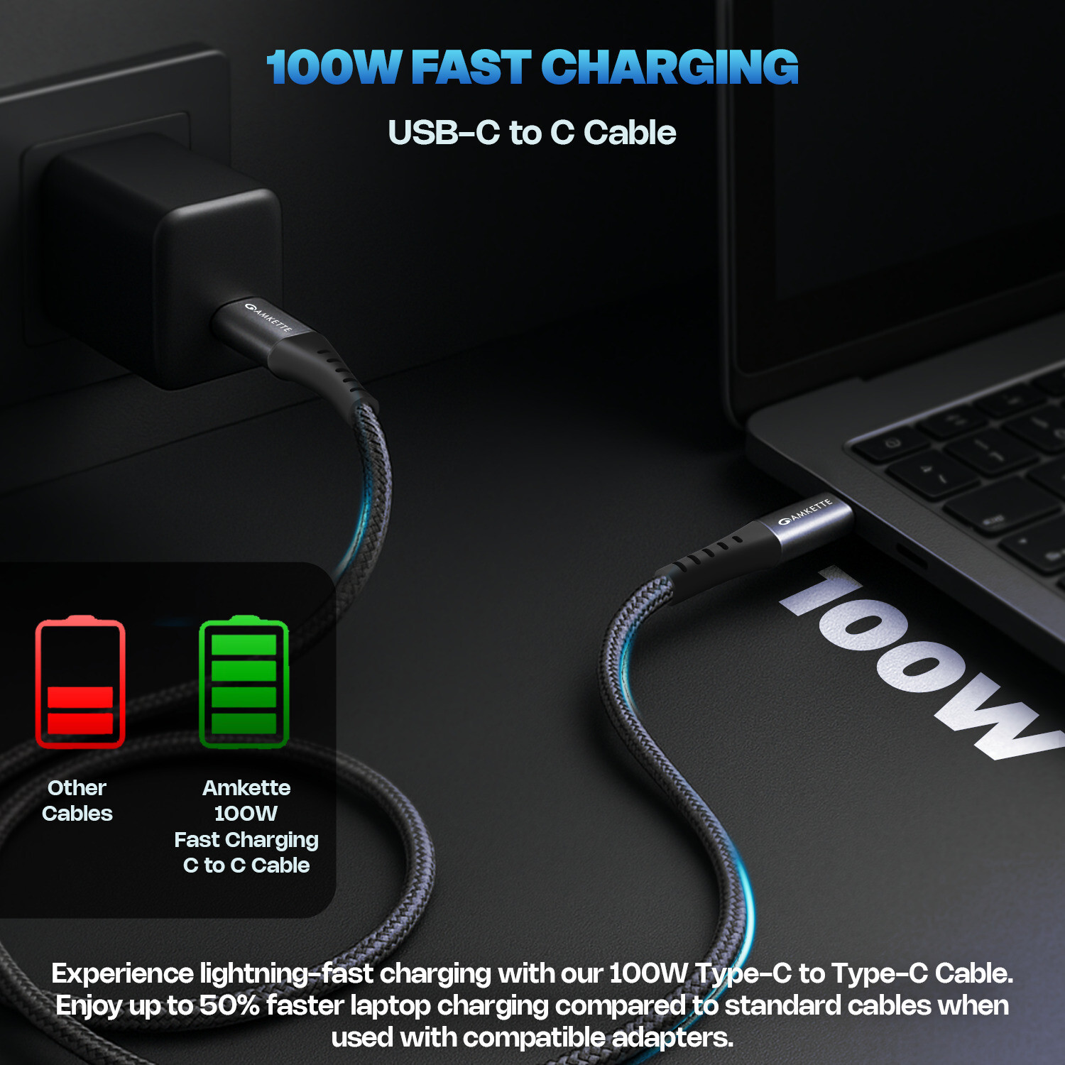 Image of AMKETTE USB Type C Cable 5 A 2 m ChargePro 100W Fast Charging USB C to Type C Braided Cable