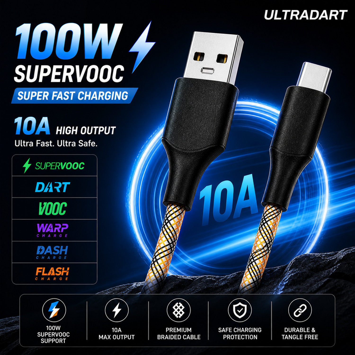Image of ULTRADART USB Type C Cable 1 m 100W SuperVOOC Fast Charging USB Type C Cable 10A Braided Warp Dash Dart Flash Charge Data Sync Cable for Android Mobile Phones