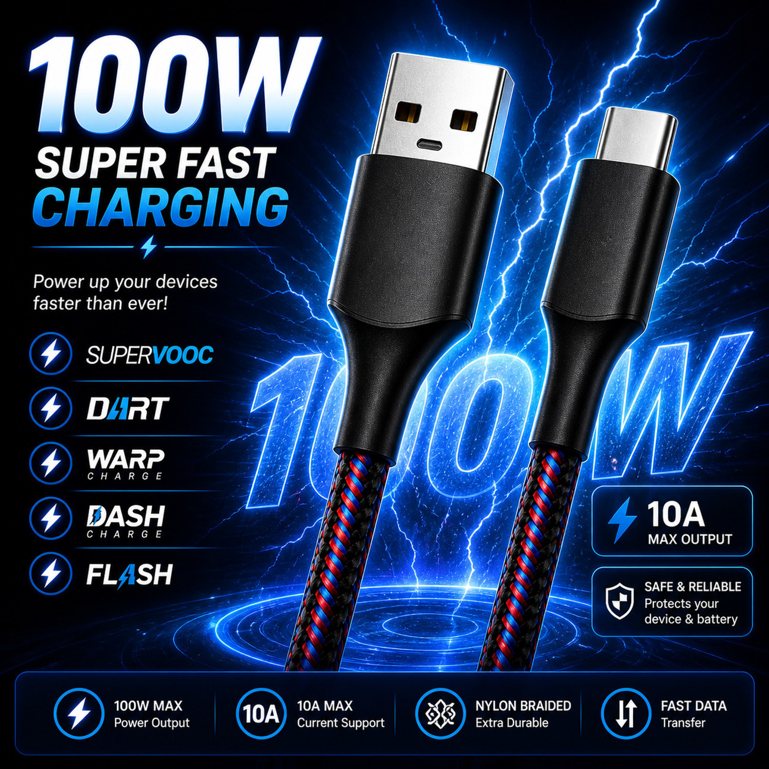 Image of ULTRADART USB Type C Cable 1 m 100W SuperVOOC Fast Charging USB Type C Cable 10A Braided Warp Dash Dart Flash Charge Data Sync Cable for Android Mobile Phones