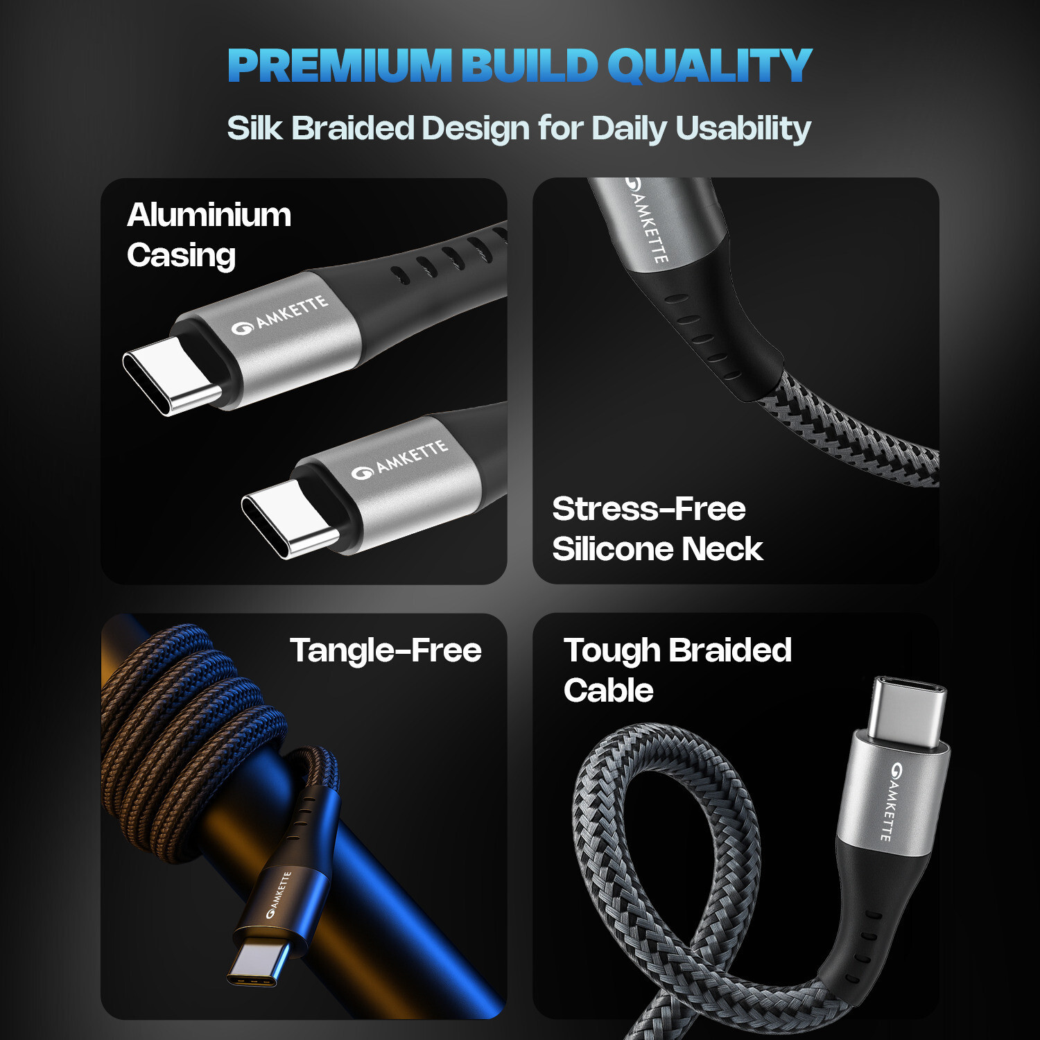 Image of AMKETTE USB Type C Cable 5 A 2 m ChargePro 100W Fast Charging USB C to Type C Braided Cable