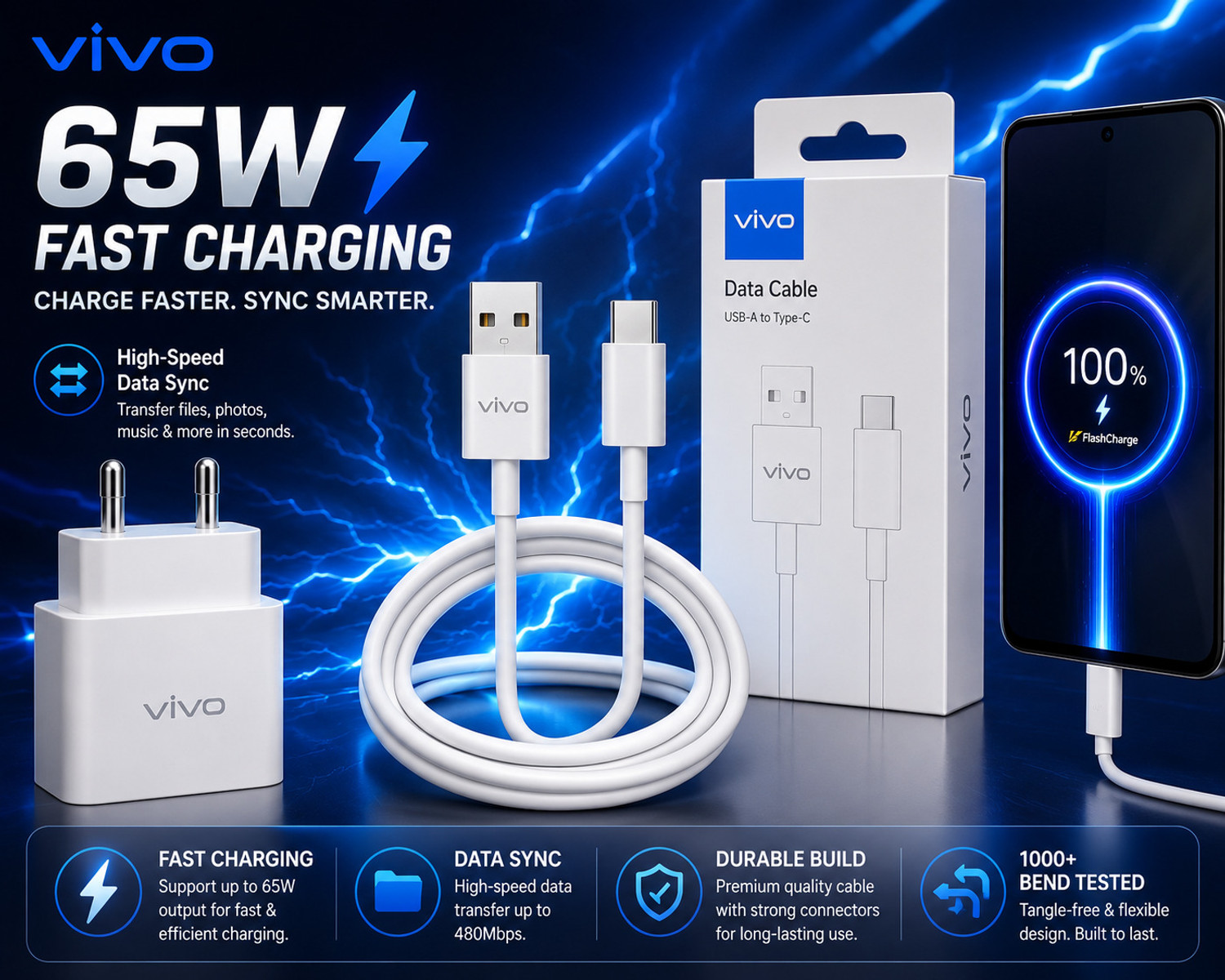 Image of vivo USB Type C Cable 3 A 1 m Aluminum Foil USB Type C 65W Safe Charging Cable