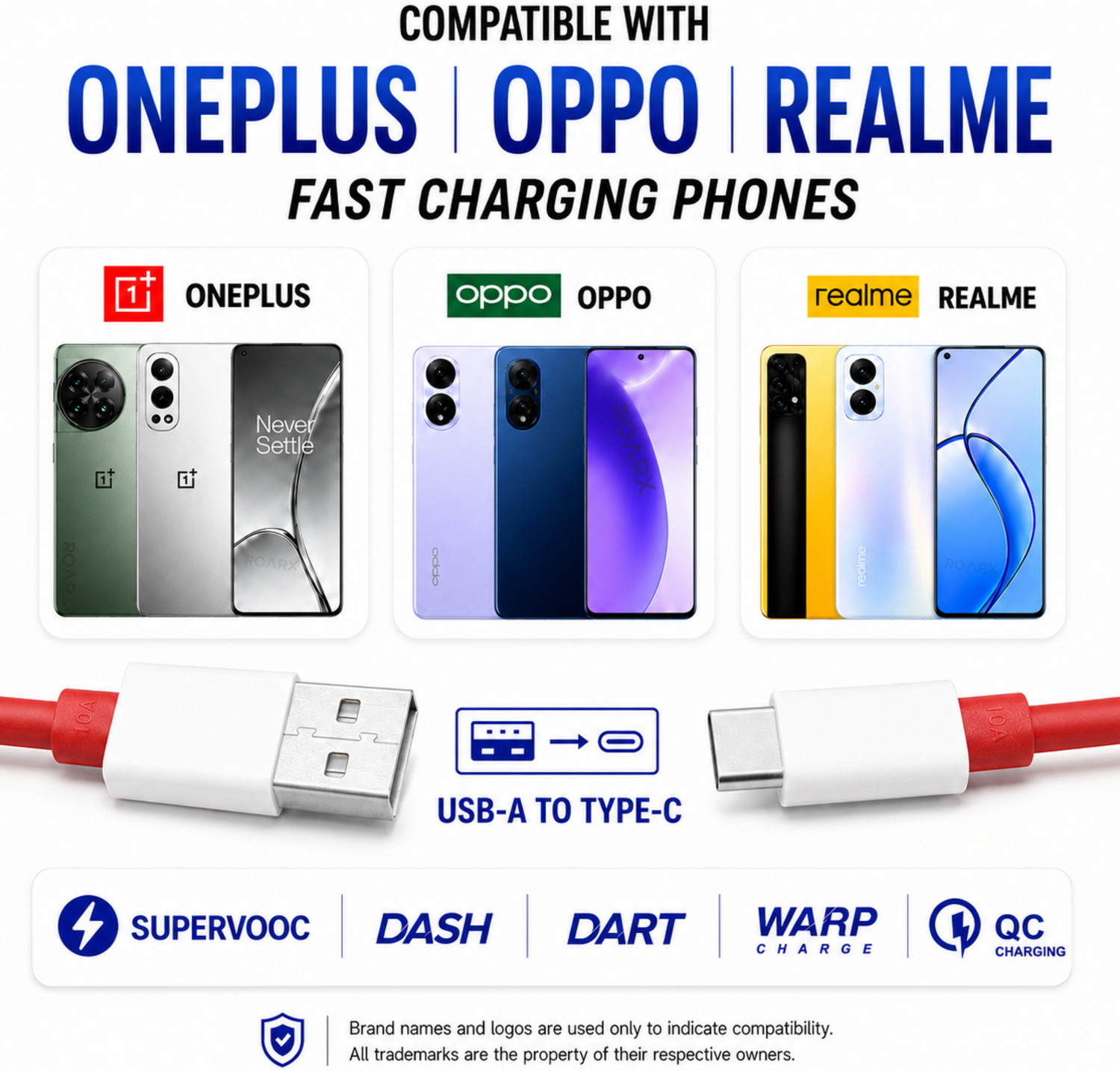 Image of RoarX USB Type C Cable 8 A 1 m TPE WARP /Dash Fast Charging Type c Charger Cable Compatible for One Plus