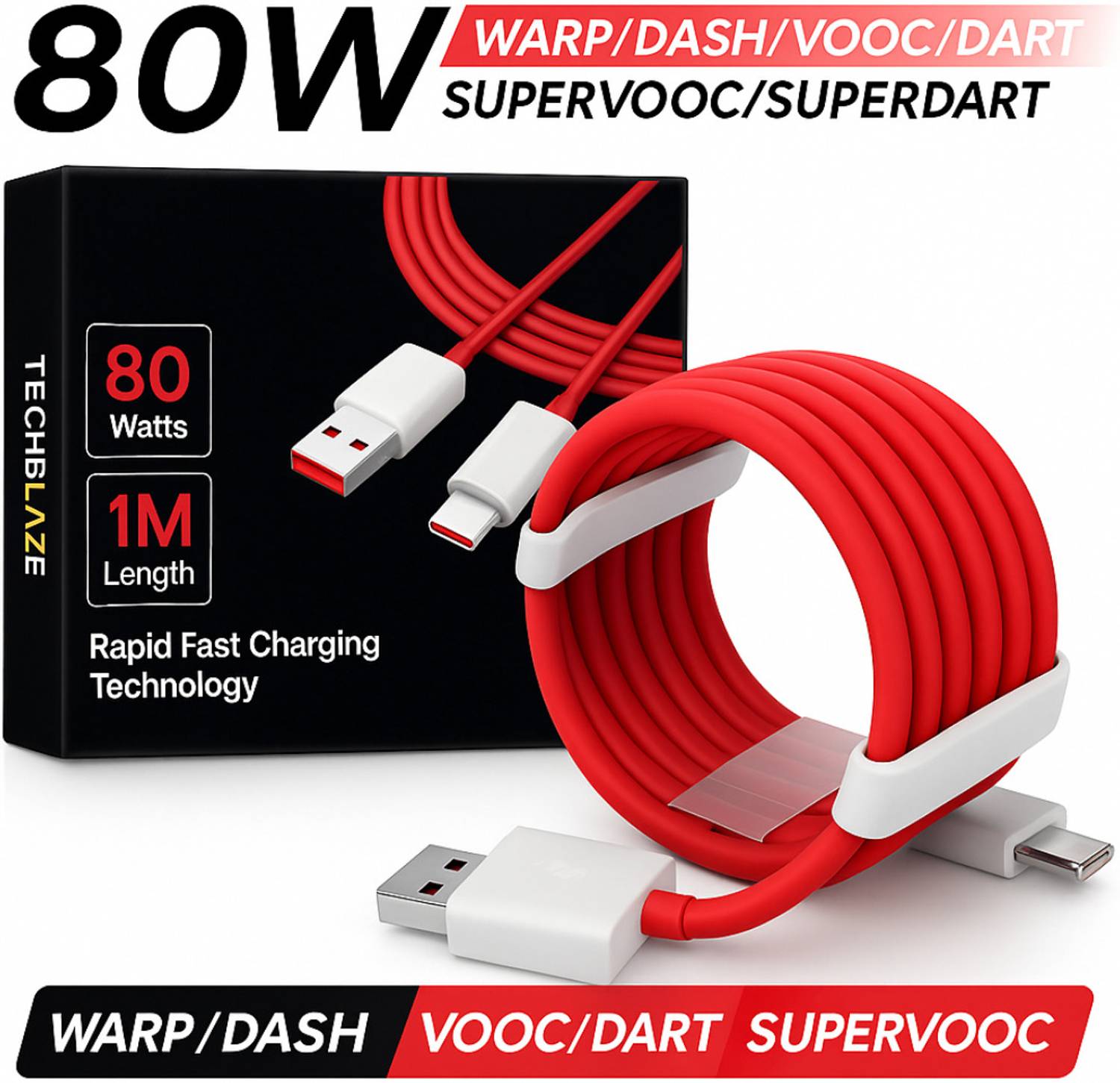 TechBlaze USB Type C Cable 8 A 1 m TPE WARP Cable /Dash Charging Type c Charger Cable Compatible for Vooc/SuperVooc/Dart/Superdart fast charging data cable