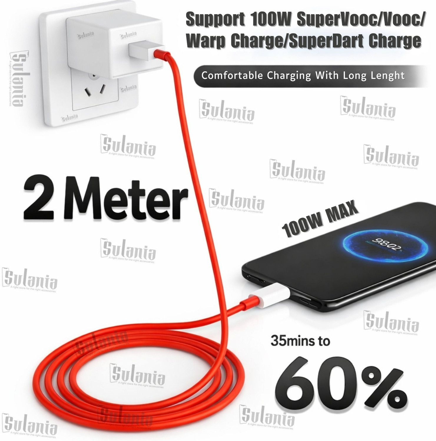 Image of Sulania USB Type C Cable 7 A 2 m Aluminum foil 100W USB Type C Data SuperVOOC, WARP, DASH
