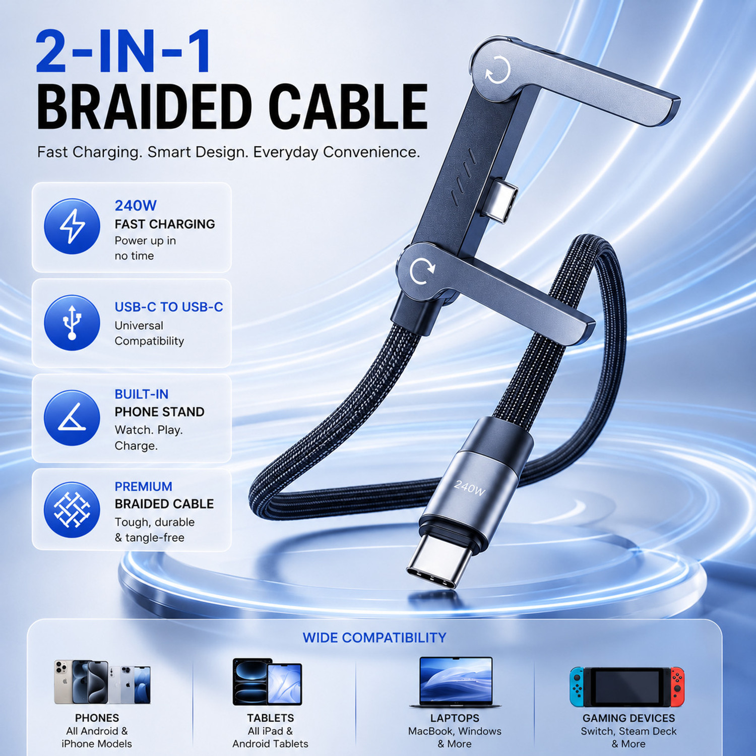 Image of Crestora USB Type C Cable 6 A 1.5 m Type C Cable, 240W Fast Charging Cable, C to C Charging Cable, Type C Cable Original 240W USB Type C to Type C Fast Charging Cable with Foldable Phone Stand | USB C Cable CK261 (Compatible with iPad, iPhone, Tablets, Smartphones, MacBook, Laptops, iPhone 15 /16 /17 Series, Samsung Galaxy, Black, One Cable, USB Type C To USB Type C, 240 W)