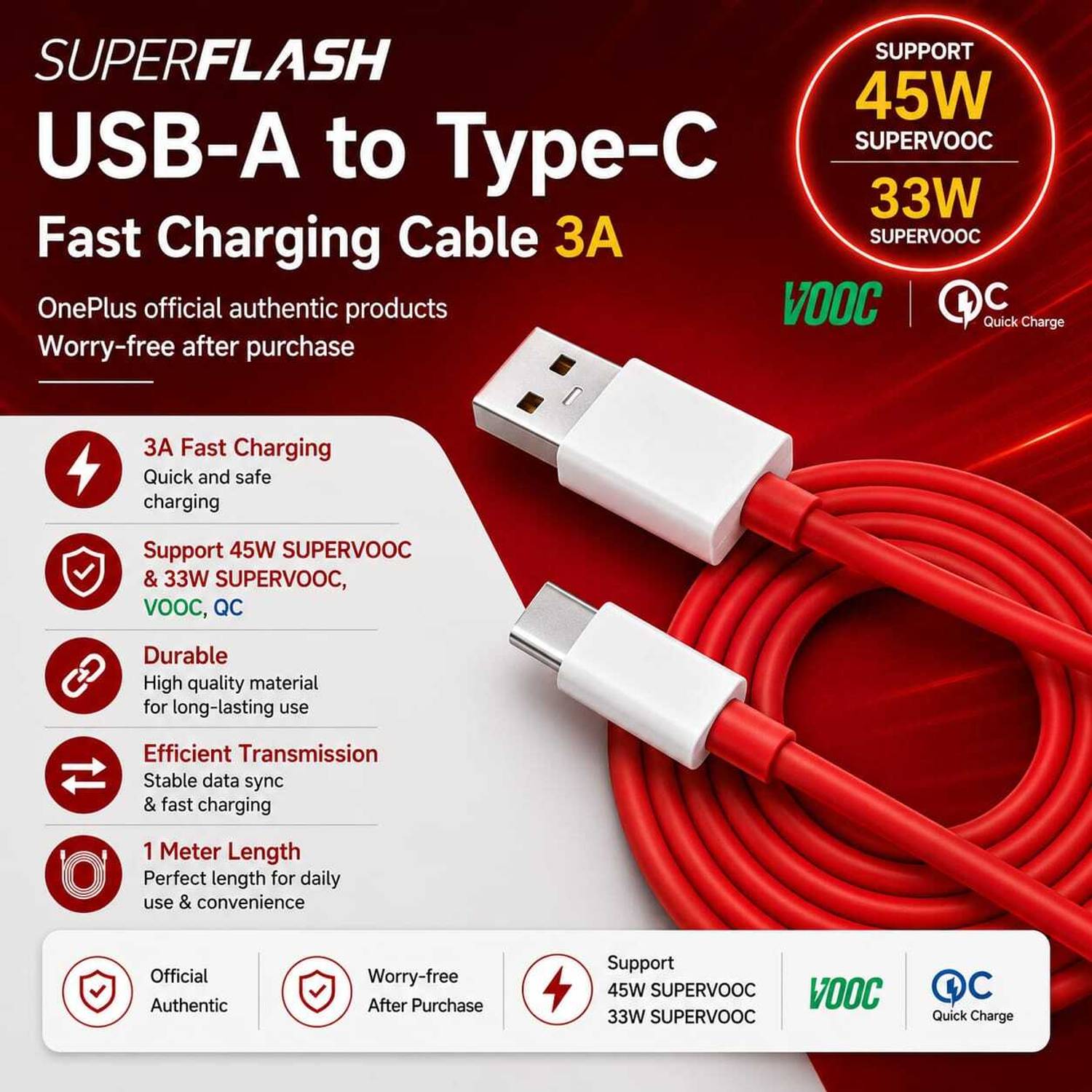 SUPERFLASH USB Type C Cable 4.5 A 1 m Oneplus Original SUPERVOOC,VOOC,QC
