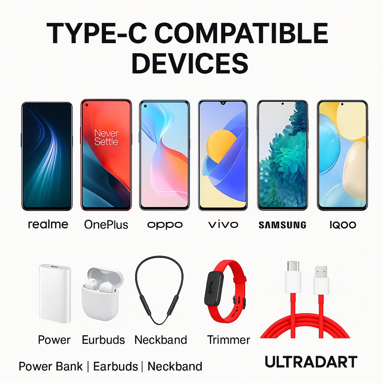 Image of ULTRADART USB Type C Cable 1 m original 100W PD High-Power Type-C Cable | Supports 80W /65W, SUPERVOOC, VOOC, WARP | Android Auto + CarPlay | Universal Device Support - Red