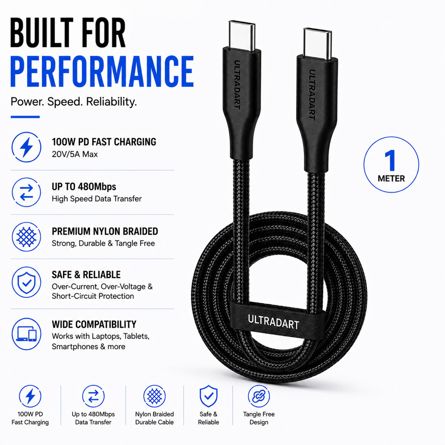 Image of ULTRADART USB Type C Cable 10 A 1 m braided 100W Type C to Type C Fast Charging Braided Cable | 10A PD Charging Cable for iPhone 16 /15, Samsung, OnePlus, Nothing, Pixel, MacBook & Laptop (1m)