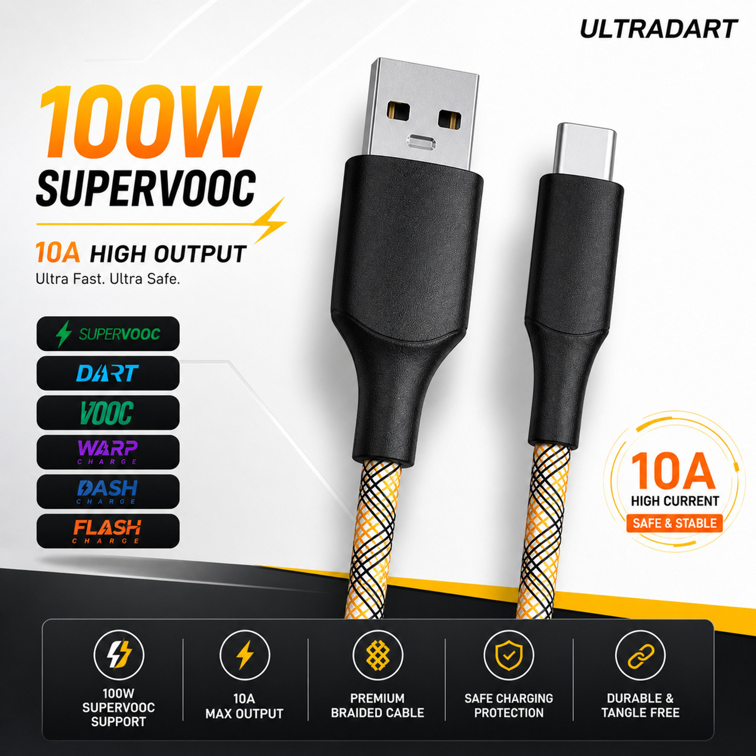 Image of ULTRADART USB Type C Cable 6.5 A 1 m original 100W Fast Charging Type C Cable 10A Braided USB Cable Compatible with SuperVOOC VOOC Warp Dart Flash Charge Android Devices