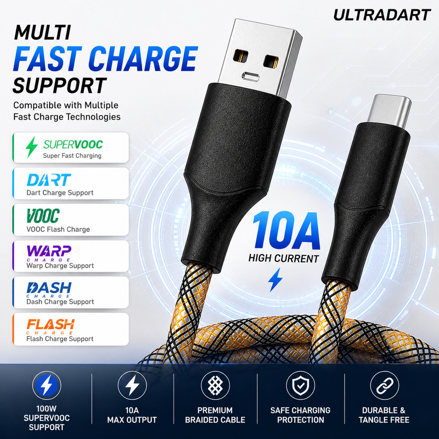 Image of ULTRADART USB Type C Cable 1 m 100W SuperVOOC Fast Charging USB Type C Cable 10A Braided Warp Dash Dart Flash Charge Data Sync Cable for Android Mobile Phones