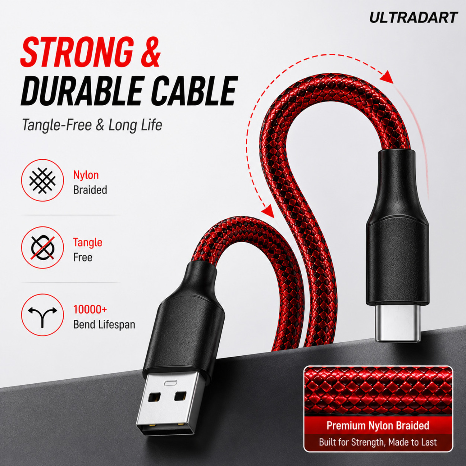 Image of ULTRADART USB Type C Cable 1 m 100W SuperVOOC Fast Charging USB Type C Cable 10A Braided Warp Dash Dart Flash Charge Data Sync Cable for Android Mobile Phones