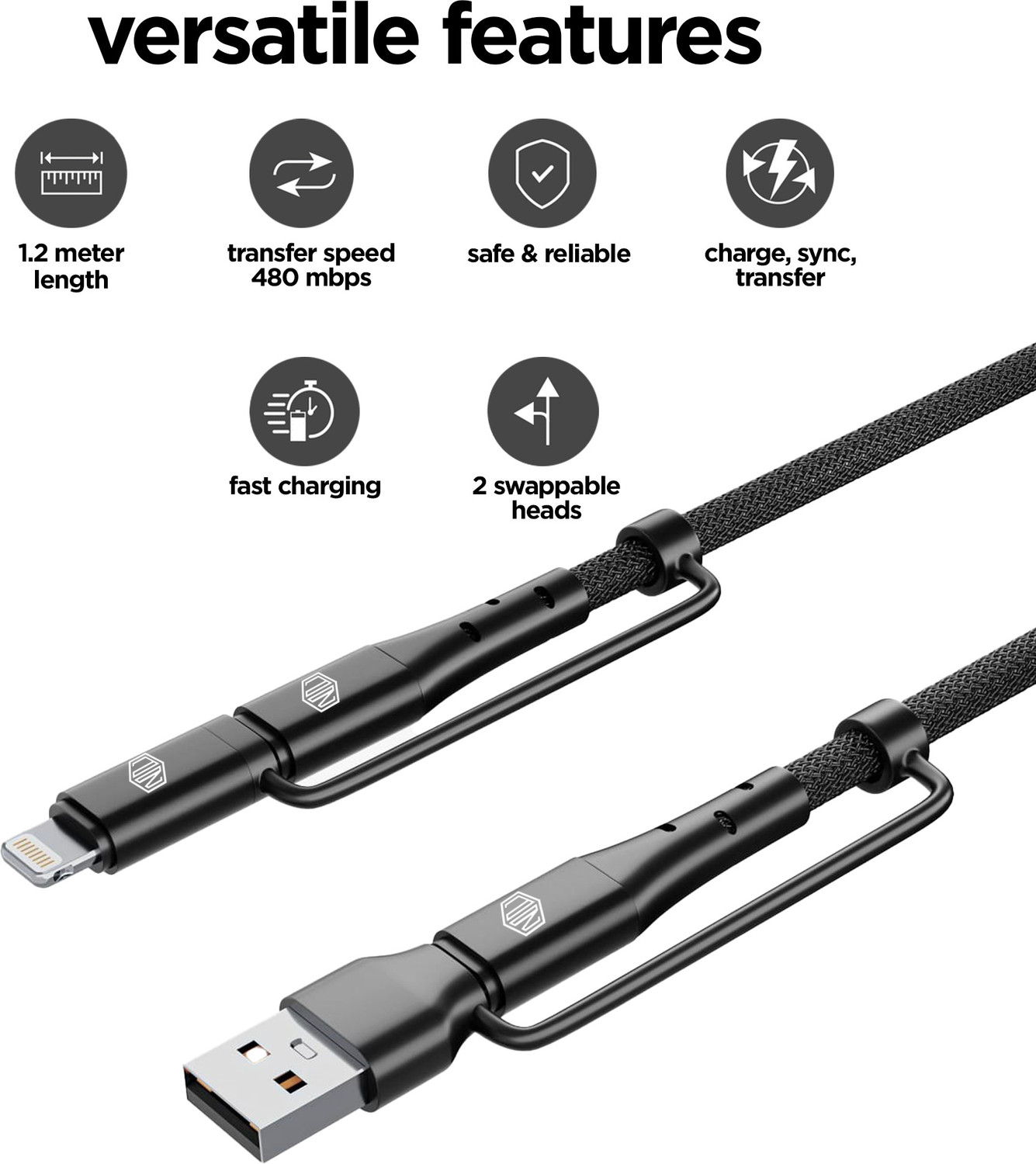 Image of Nu Republic USB Type C Cable 2 A 1.2 m Blaze Quad 100W 4-in-one USB-A to Type-C to Type-C + Type-L Fast Charge Braided