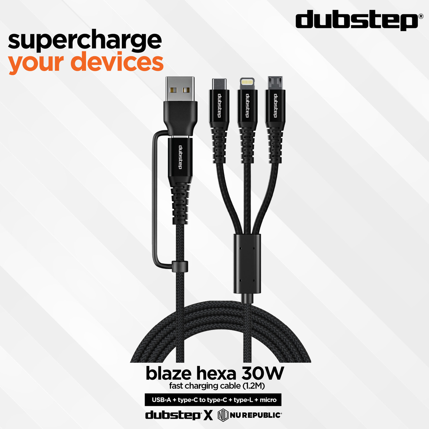 Image of Dubstep 3-in-1 Cable 3.5 A 1.2 m Aluminum Shielding Blaze Hexa 30W 6-in-1 USB-A + Type-C To Type-C + Type-L + Micro 1.2m Fast Charging Cable