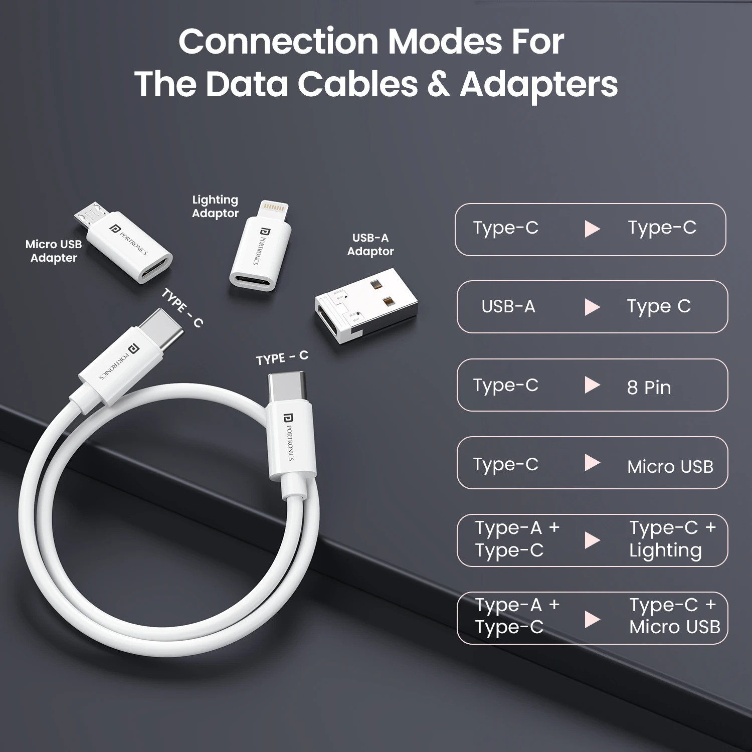 Image of Portronics USB Type C Cable 0.27 m Snapcase 4 60W Multifunctional Fast Charging Data Cable Kit,USB-A,8 Pin,Micro