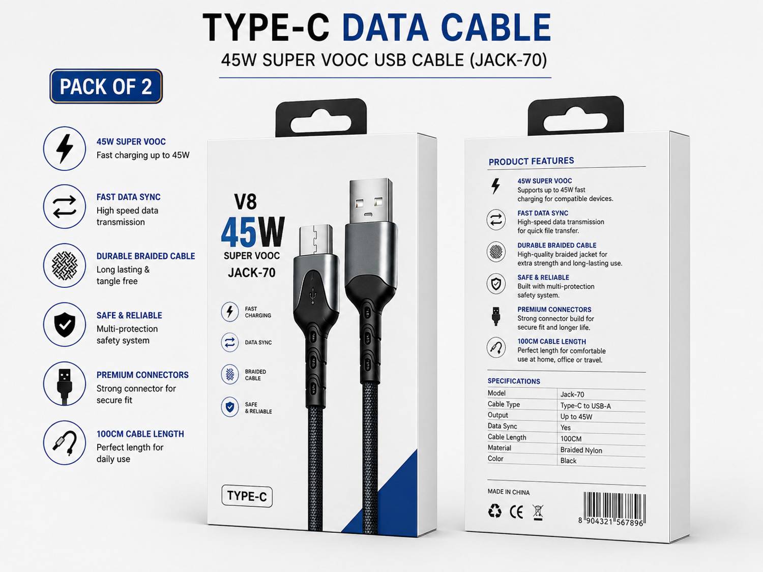 CLUN USB Type C Cable 3 A 1 m Aluminum Foil CABLE 01