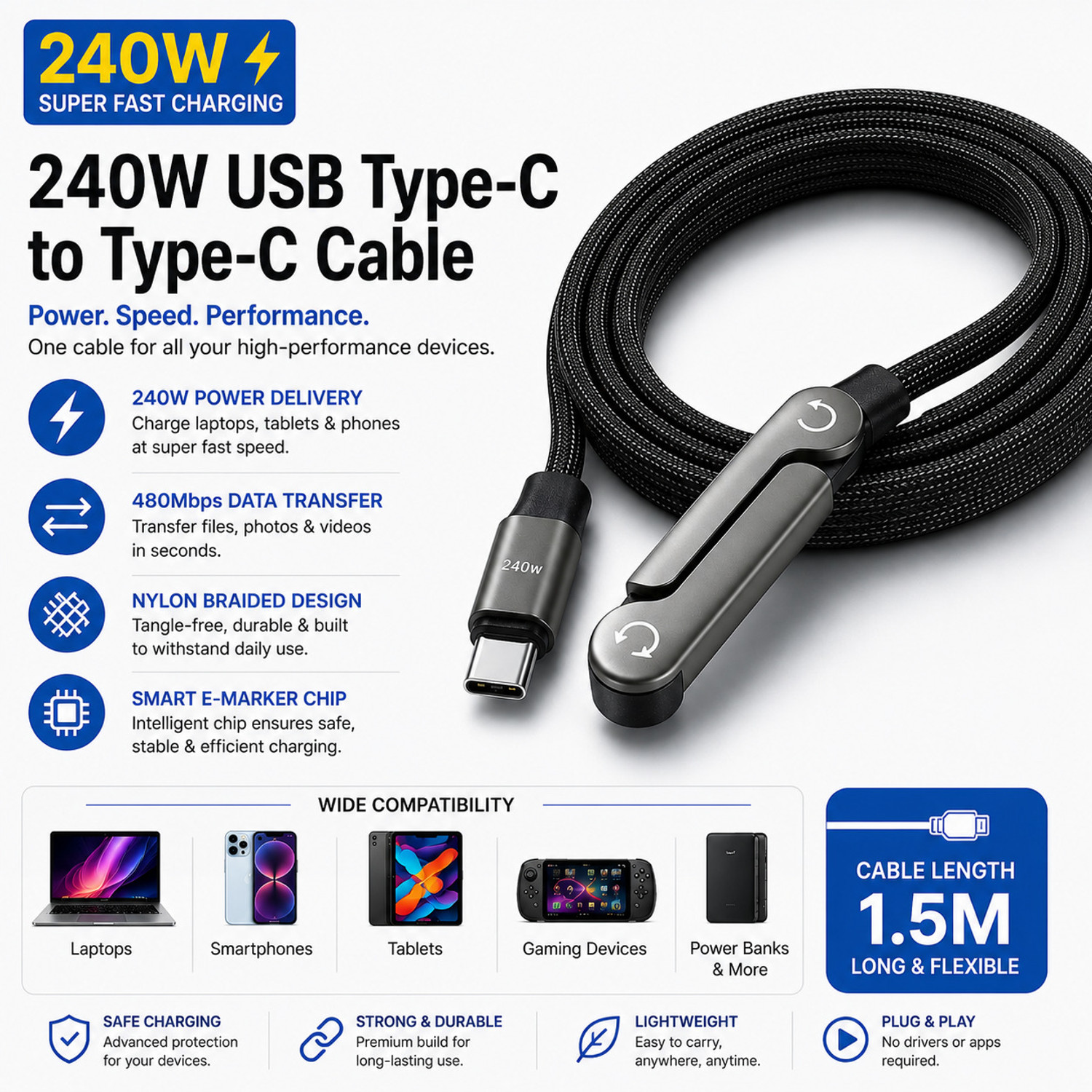 Image of Crestora USB Type C Cable 6 A 1.5 m Type C Cable, 240W Fast Charging Cable, C to C Charging Cable, Type C Cable Original 240W USB Type C to Type C Fast Charging Cable with Foldable Phone Stand | USB C Cable CK261 (Compatible with iPad, iPhone, Tablets, Smartphones, MacBook, Laptops, iPhone 15 /16 /17 Series, Samsung Galaxy, Black, One Cable, USB Type C To USB Type C, 240 W)