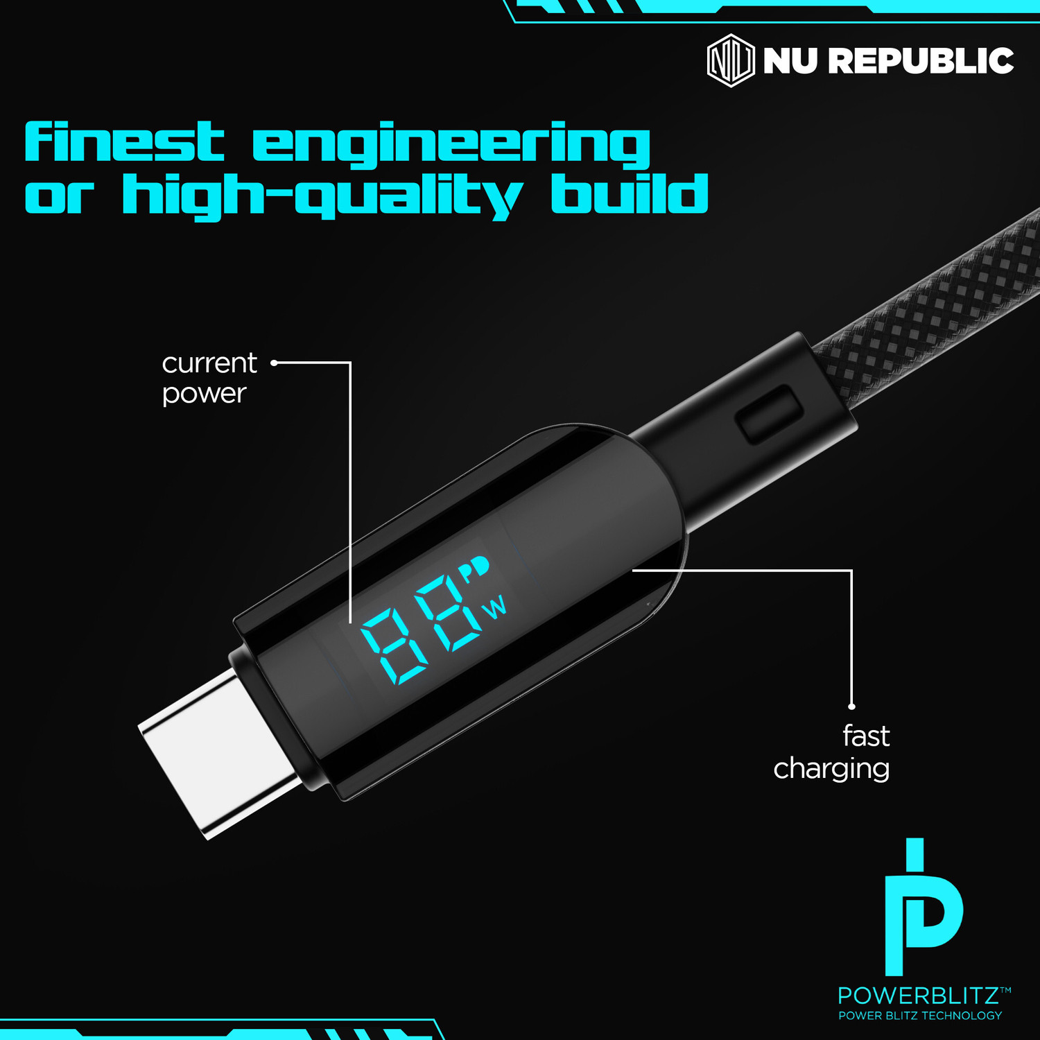 Image of Nu Republic USB Type C Cable 5 A 1.2 m Aluminum Foil, Tinned Copper Braid Blaze Fusion Spot 100W With Led Display USB-Type-C To Type-C Data Charging Cable