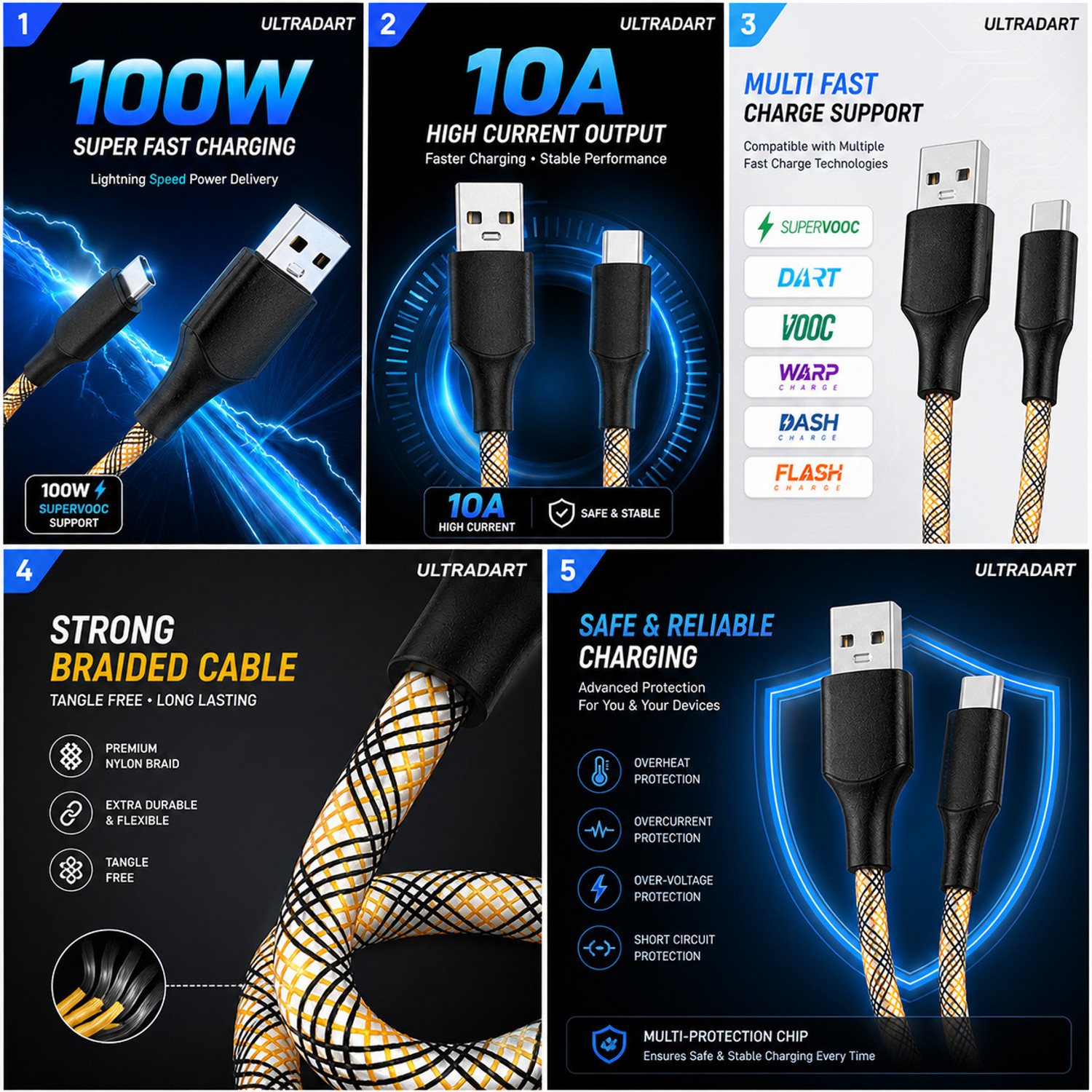 Image of ULTRADART USB Type C Cable 6.5 A 1 m original 100W Fast Charging Type C Cable 10A Braided USB Cable Compatible with SuperVOOC VOOC Warp Dart Flash Charge Android Devices