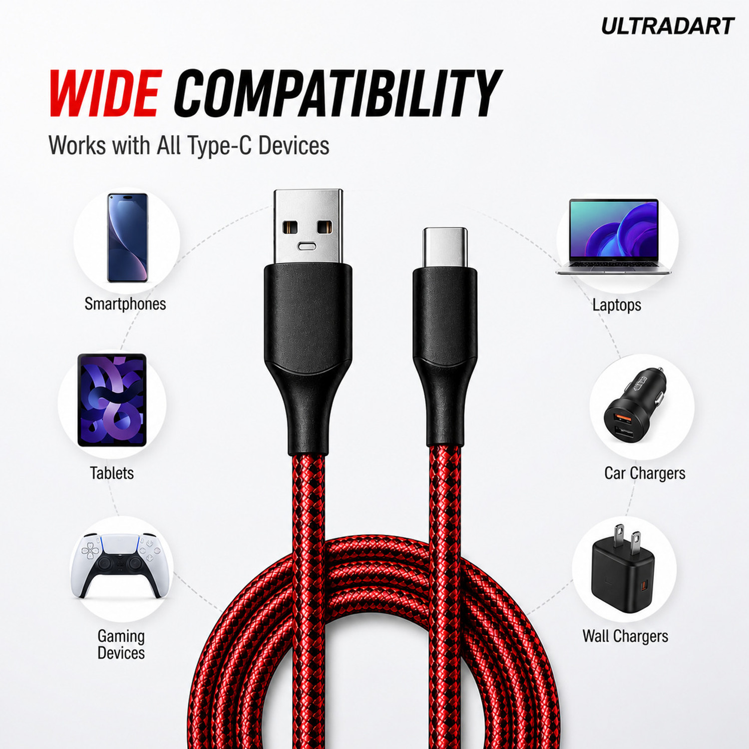 Image of ULTRADART USB Type C Cable 1 m 100W SuperVOOC Fast Charging USB Type C Cable 10A Braided Warp Dash Dart Flash Charge Data Sync Cable for Android Mobile Phones