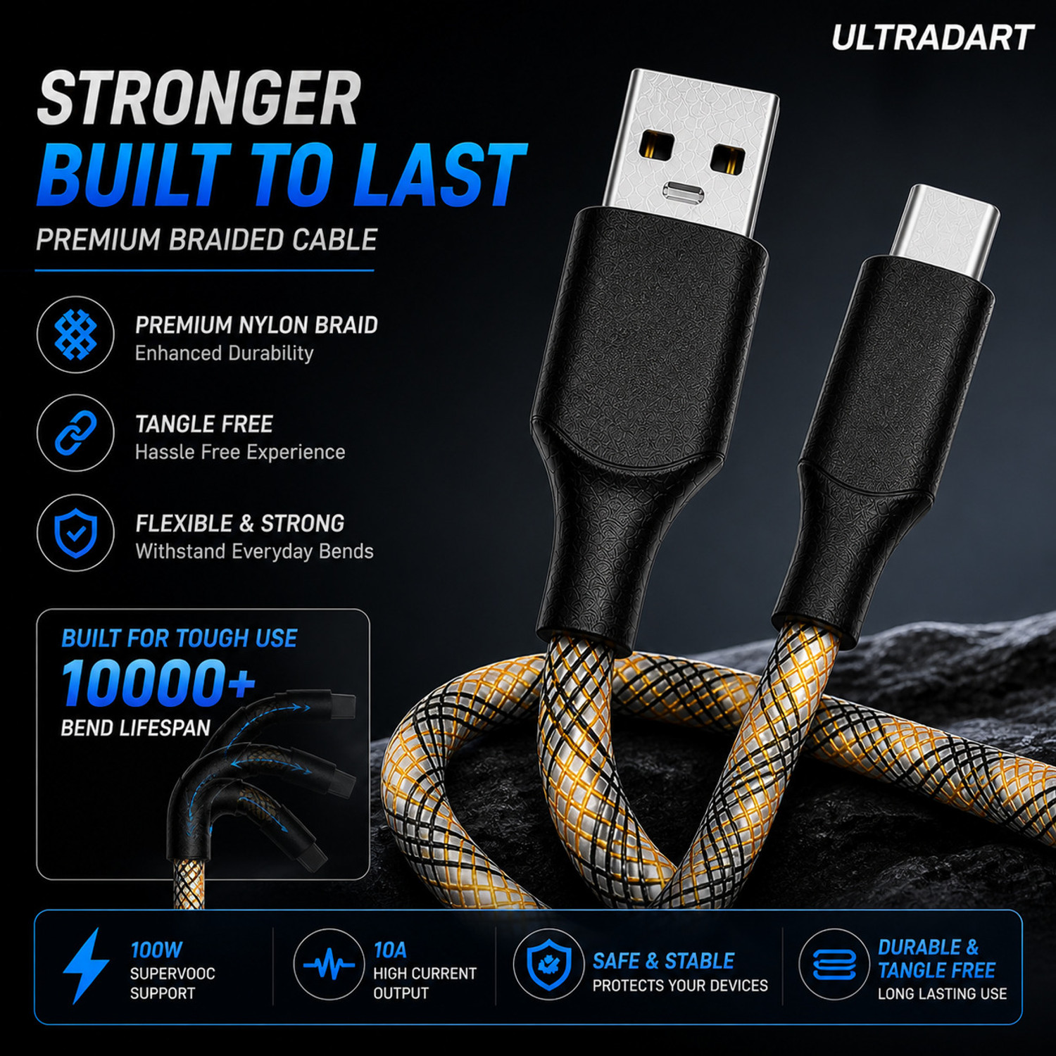 Image of ULTRADART USB Type C Cable 1 m 100W SuperVOOC Fast Charging USB Type C Cable 10A Braided Warp Dash Dart Flash Charge Data Sync Cable for Android Mobile Phones
