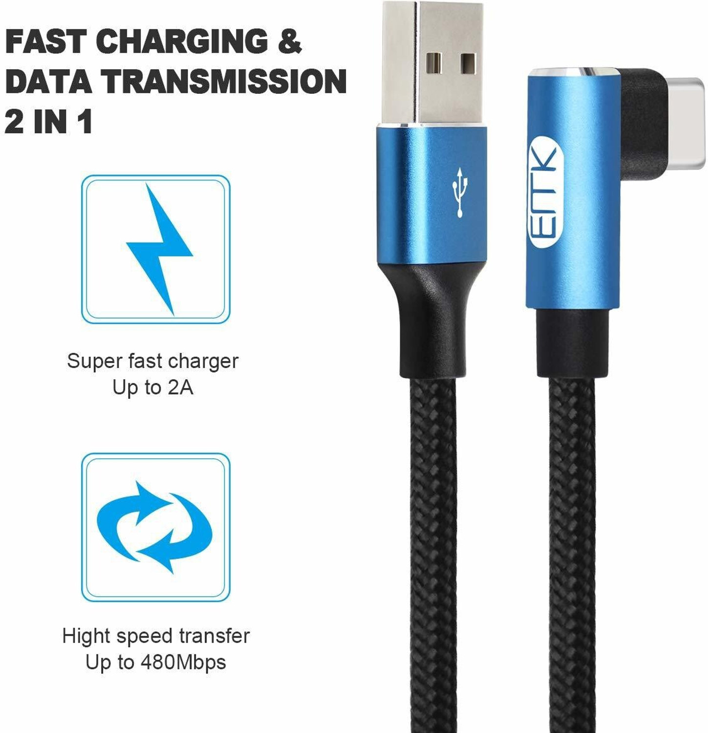 Image of Tobo USB Type C Cable 2 A 1.2 m Type C Cable, 90 Degree Right Angle Nylon Type C Cable,EMK 90 Degree Right Angle Nylon Braided USB C Cable Charge