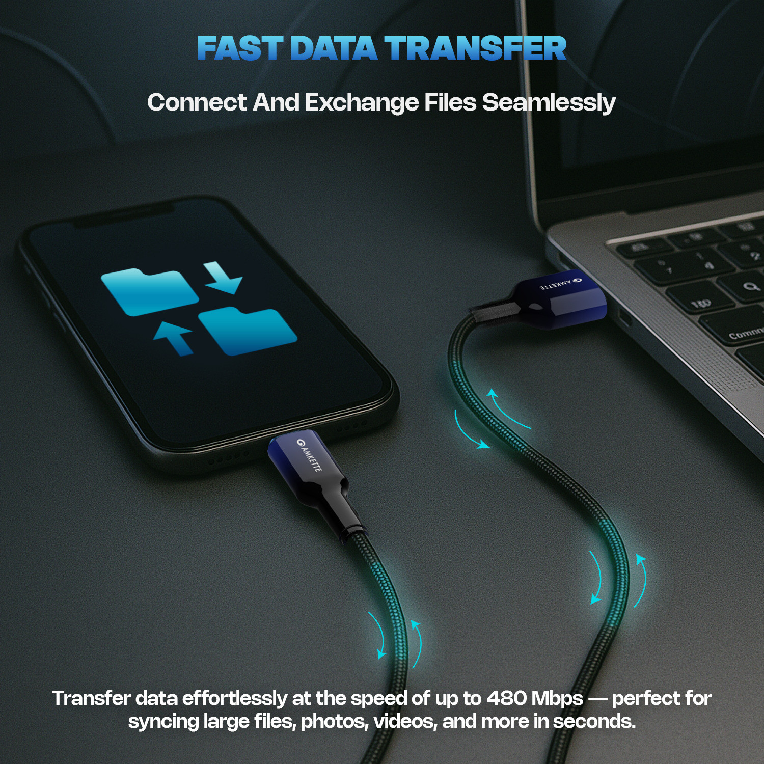 Image of AMKETTE USB Type C Cable 3 A 1 m ChargePro 65W Fast Charging USB A to Type C Braided Cable