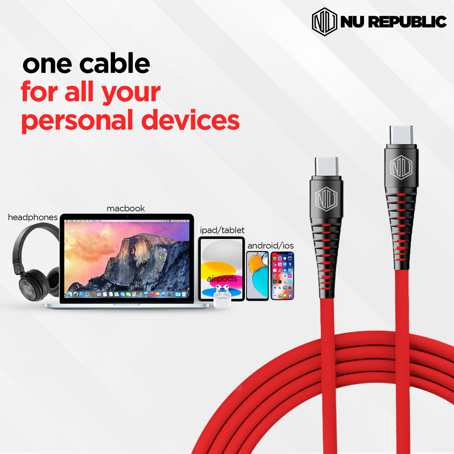Image of Nu Republic USB Type C Cable 1 m Blaze Supersonic 65W Type-C to Type-C Fast Charge Cable