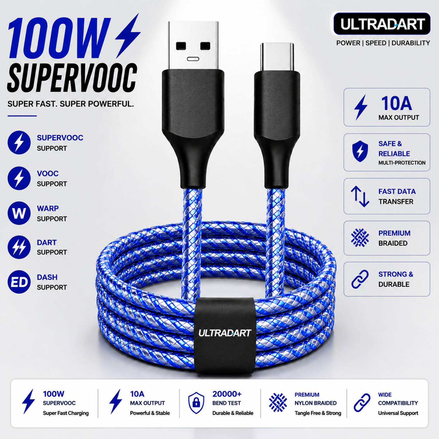 ULTRADART USB Type C Cable 10 A 1 m OEM 100W USB A to Type C Cable 10A Fast Charging Braided Cable Compatible with VOOC Warp Dart Flash Charge Devices