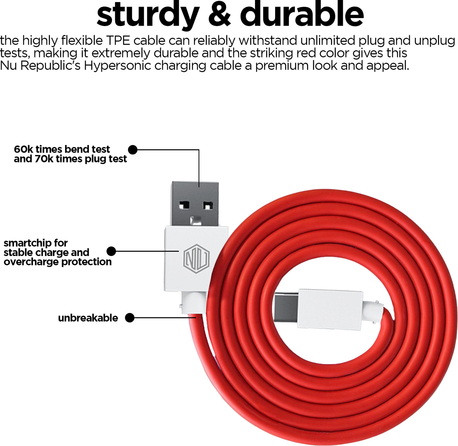 Image of Nu Republic USB Type C Cable 3.5 A 1 m Blaze Hypersonic 50W Supports All Fast Charging Technologies