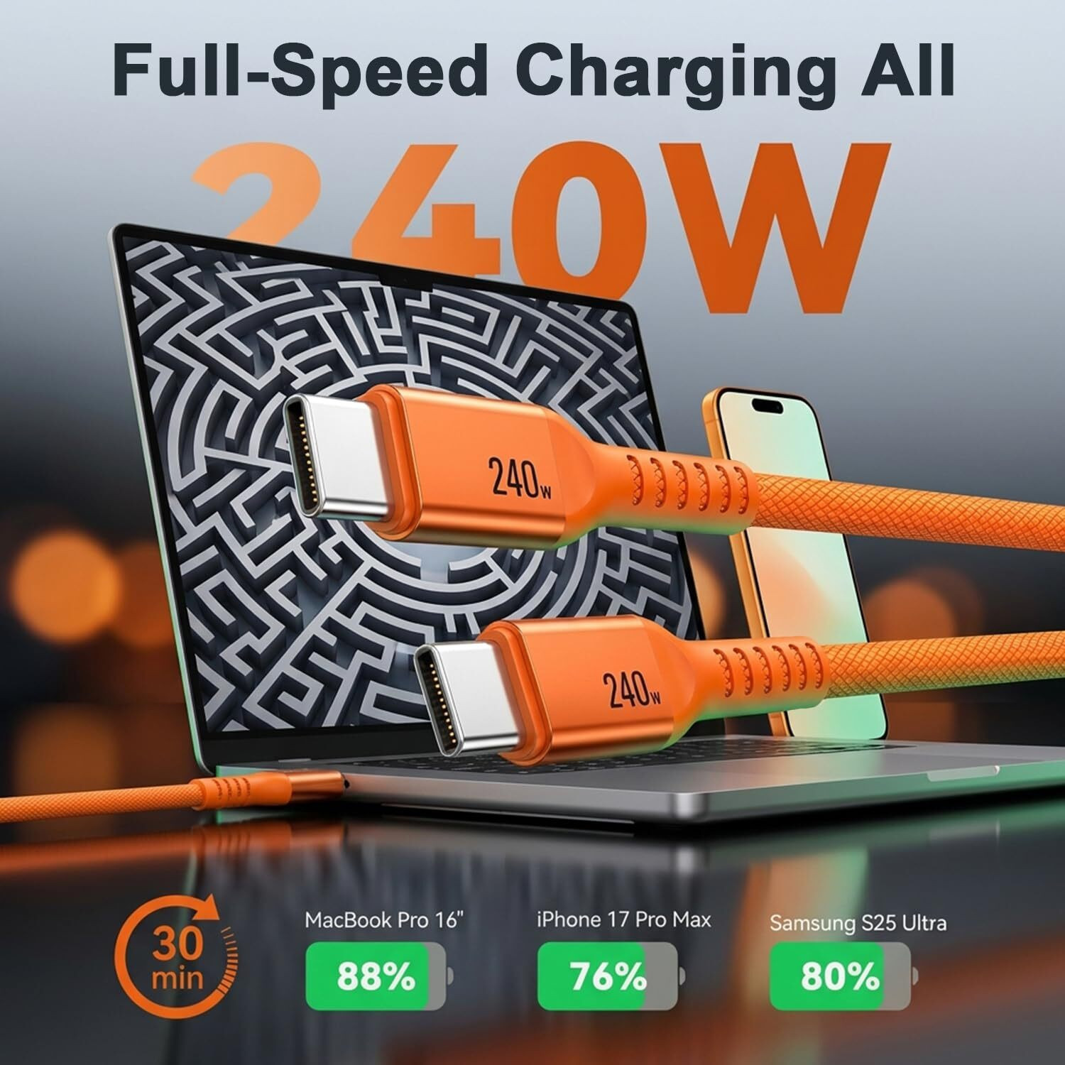Image of Verilux USB Type C Cable 3 m Copper Braiding PD 240W Type C Fast Charging Cable
