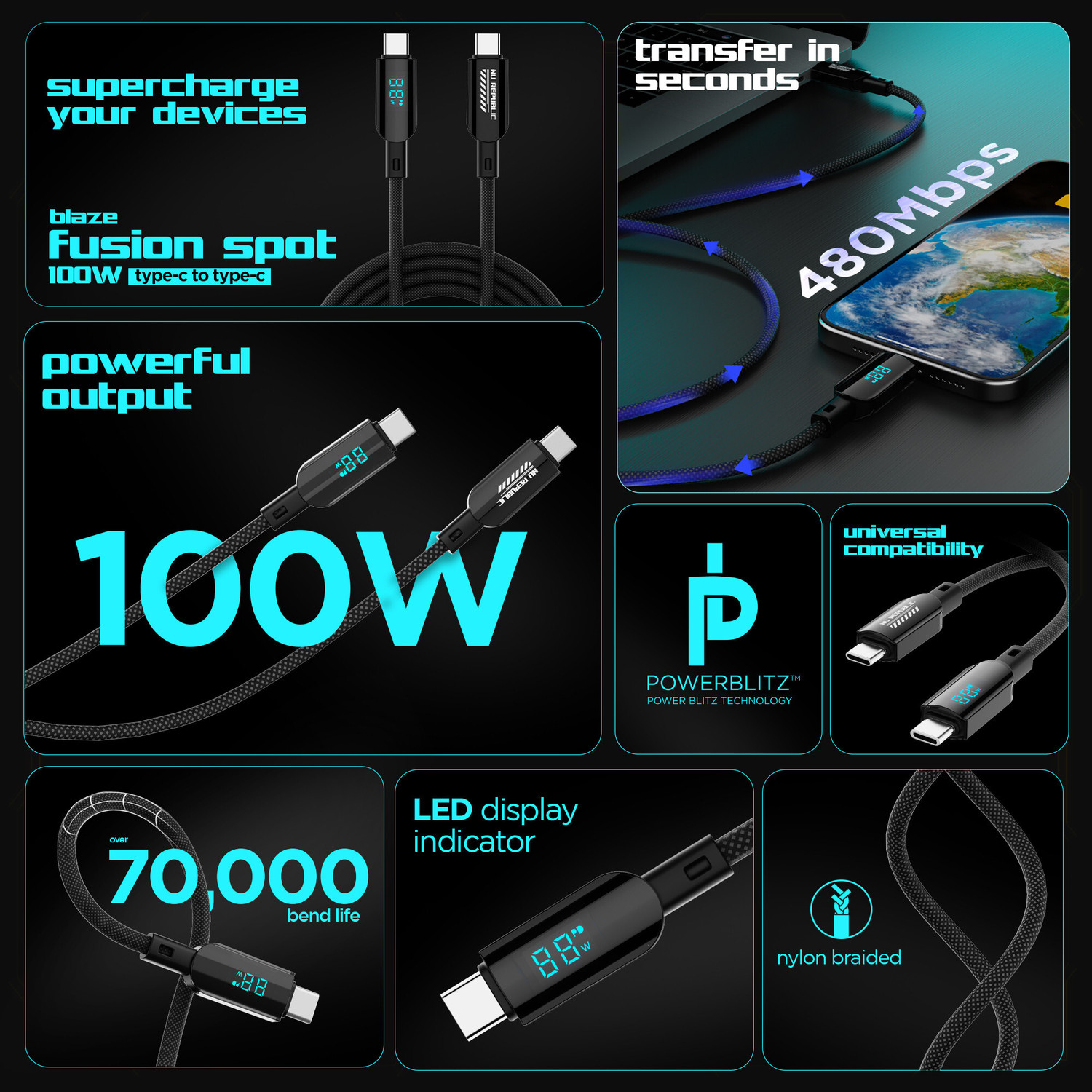 Image of Nu Republic USB Type C Cable 5 A 1.2 m Aluminum Foil, Tinned Copper Braid Blaze Fusion Spot 100W With Led Display USB-Type-C To Type-C Data Charging Cable