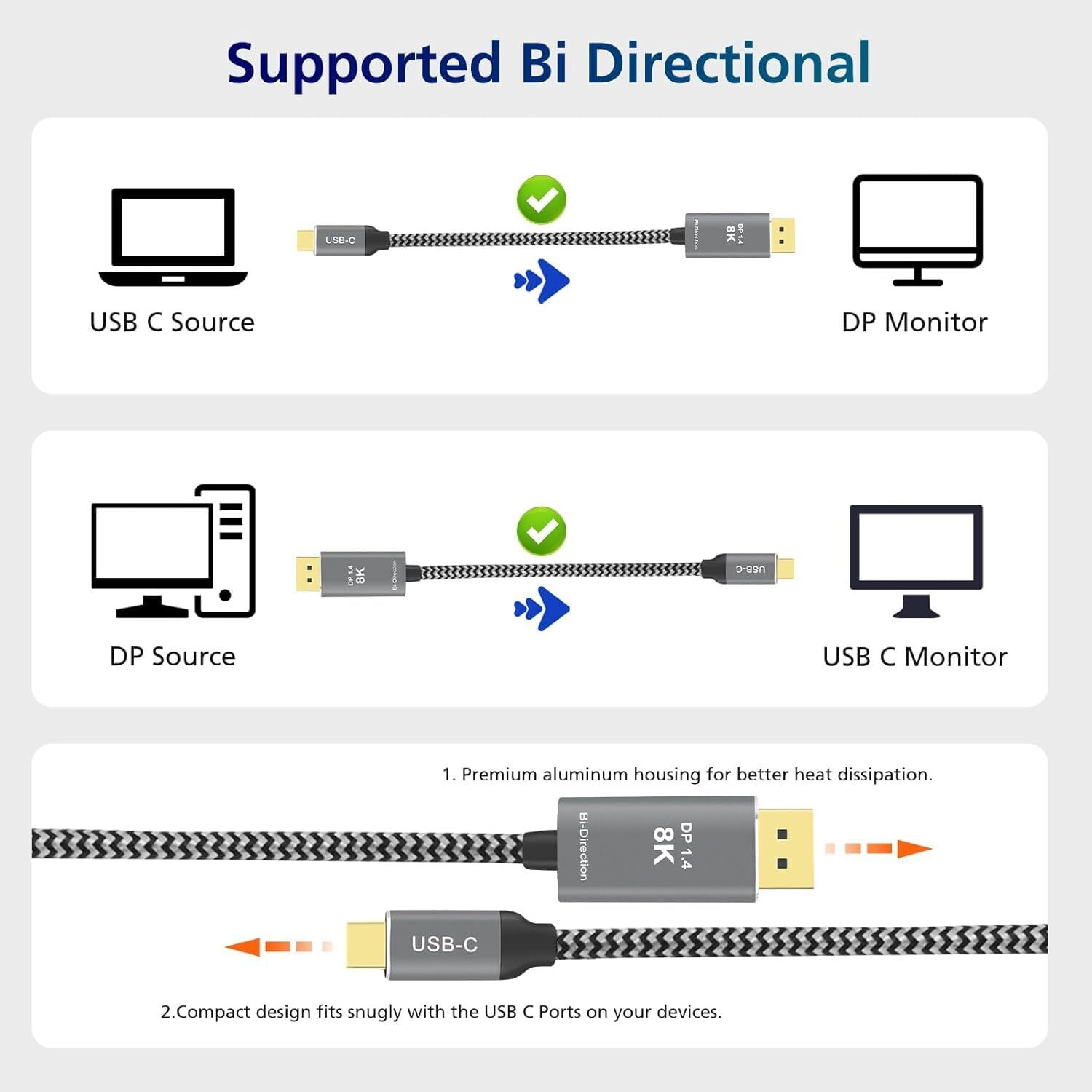 Image of Tobo USB Type C Cable 1.8 m Copper 8K Bi-Directional USB C To DisplayPort Cable [ 8K@60Hz, 4K@144Hz ] DP 1.4 To USB4 Type C Adapter For Thunderbolt 3 /4 M-Book Pro Air M4 Phone 16 15 Pro Pad XPS 13 /15 S25 Ultra G8 G9 TD-1520CC
