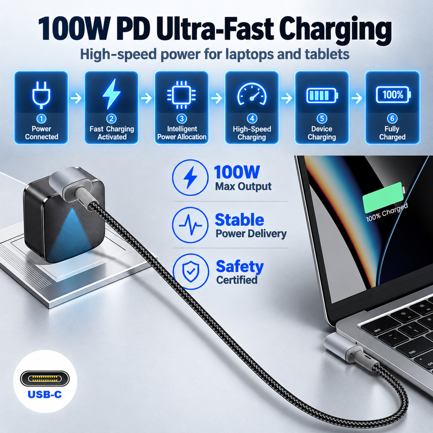 Image of Verilux USB Type C Cable 5 A 3 m Nylon Braided USB C to C Fast Charging Cable 3M (Compatible with Laptop, Tablet, Smartphone, Black, One Cable, USB Type C To USB Type C)