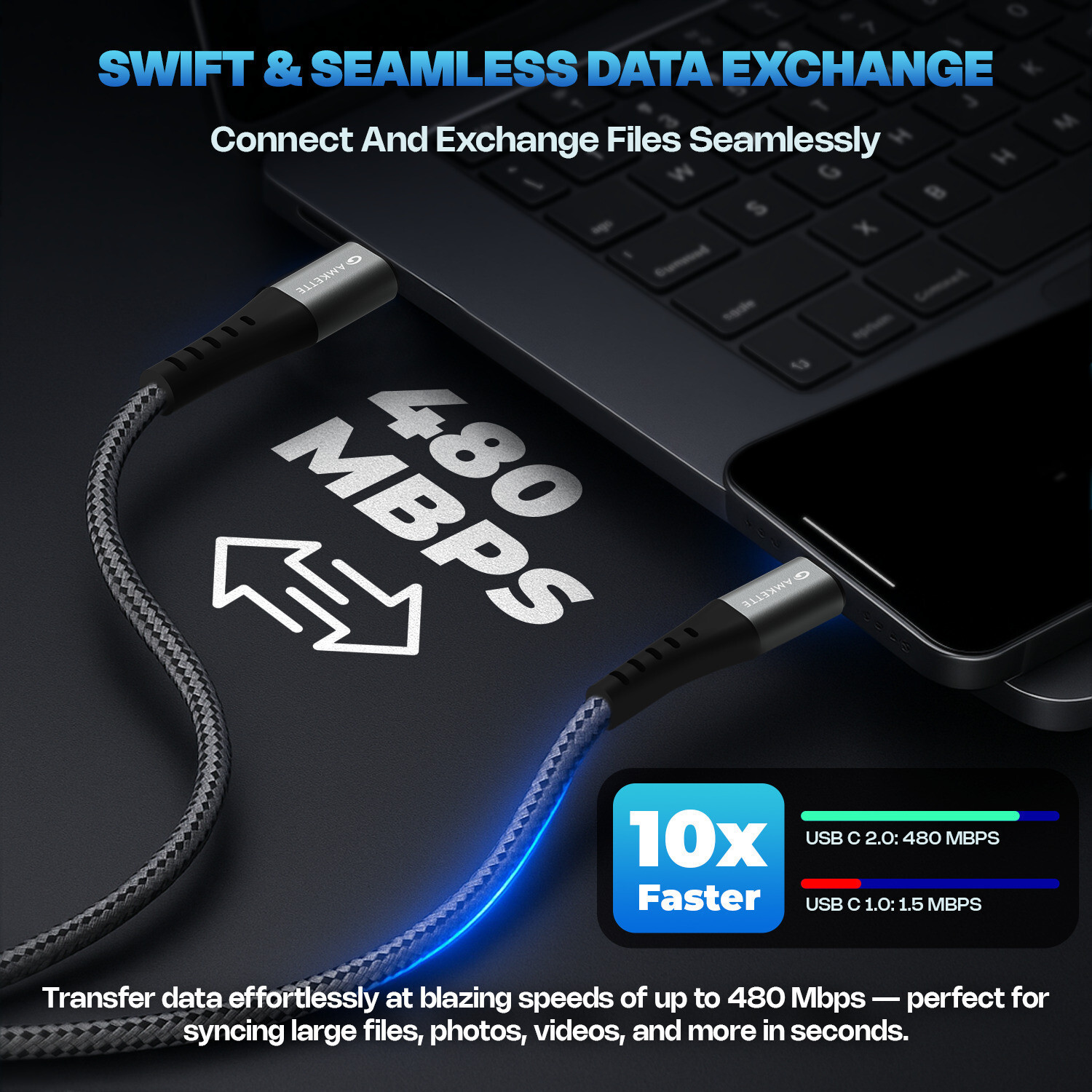 Image of AMKETTE USB Type C Cable 5 A 2 m ChargePro 100W Fast Charging USB C to Type C Braided Cable