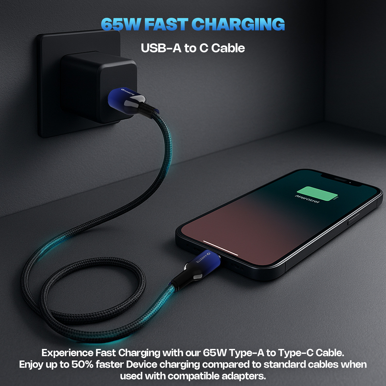 Image of AMKETTE USB Type C Cable 3 A 1 m ChargePro 65W Fast Charging USB A to Type C Braided Cable