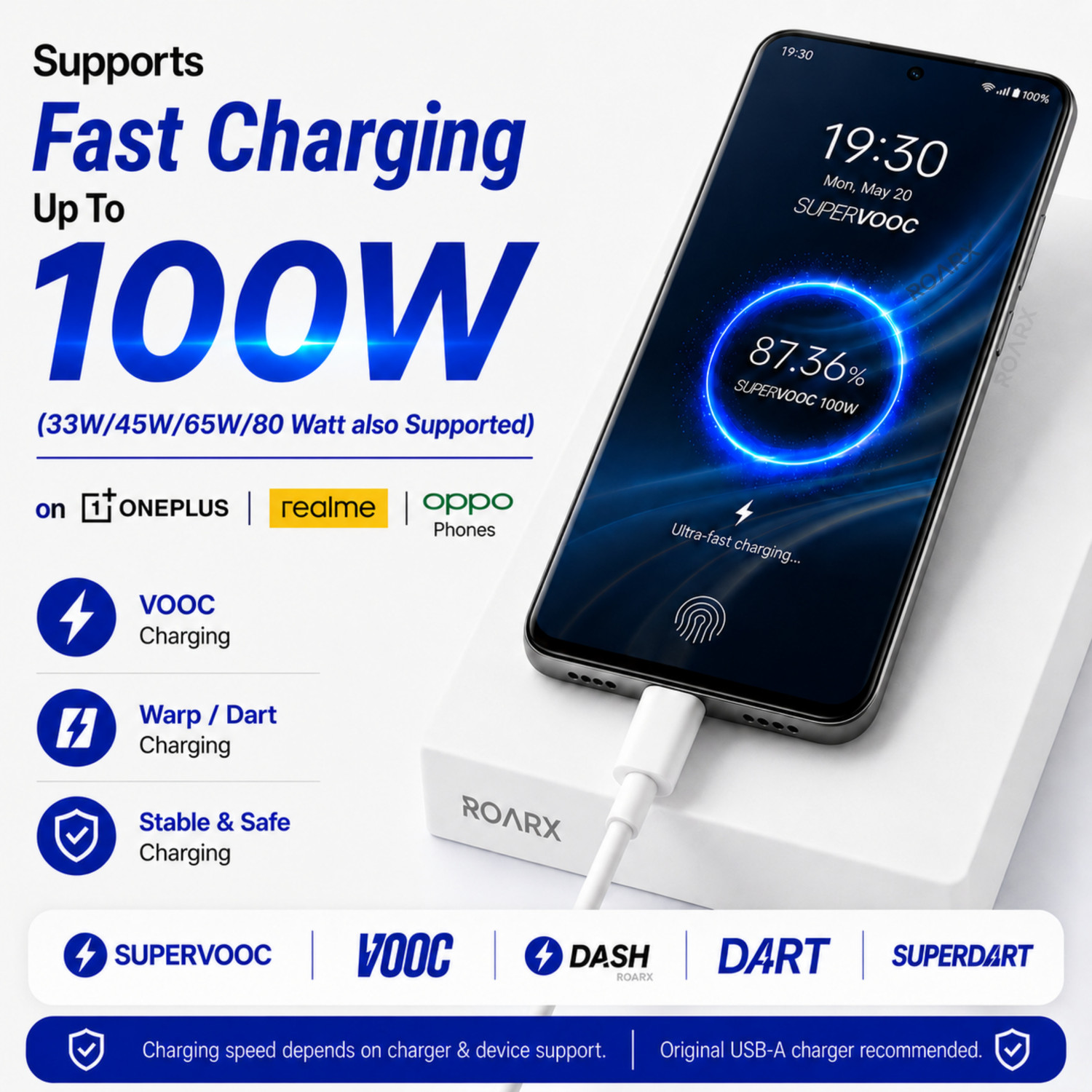 Image of RoarX USB Type C Cable 10 A 1 m 100W,80W,65W,45W, 33 Watt DART /VOOC /SUPERDART /SUPERVOOC realme /oneplus Data Cable C FAST CHARGING CABLE