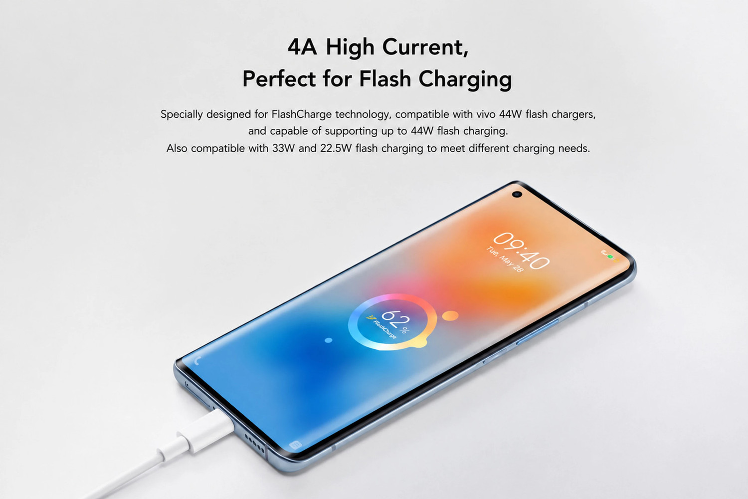 Image of vivo USB Type C Cable 4 A 1 m Supports 44W fast charging|Durable TPE material|Vivo Official Authentic Product 4A FlashCharge 44w charging / data cable (Compatible with Supports Up to 60W Fast Charging | Compatible with vivo & iQOO Smartphones, White, One Cable, USB Type A To USB Type C)