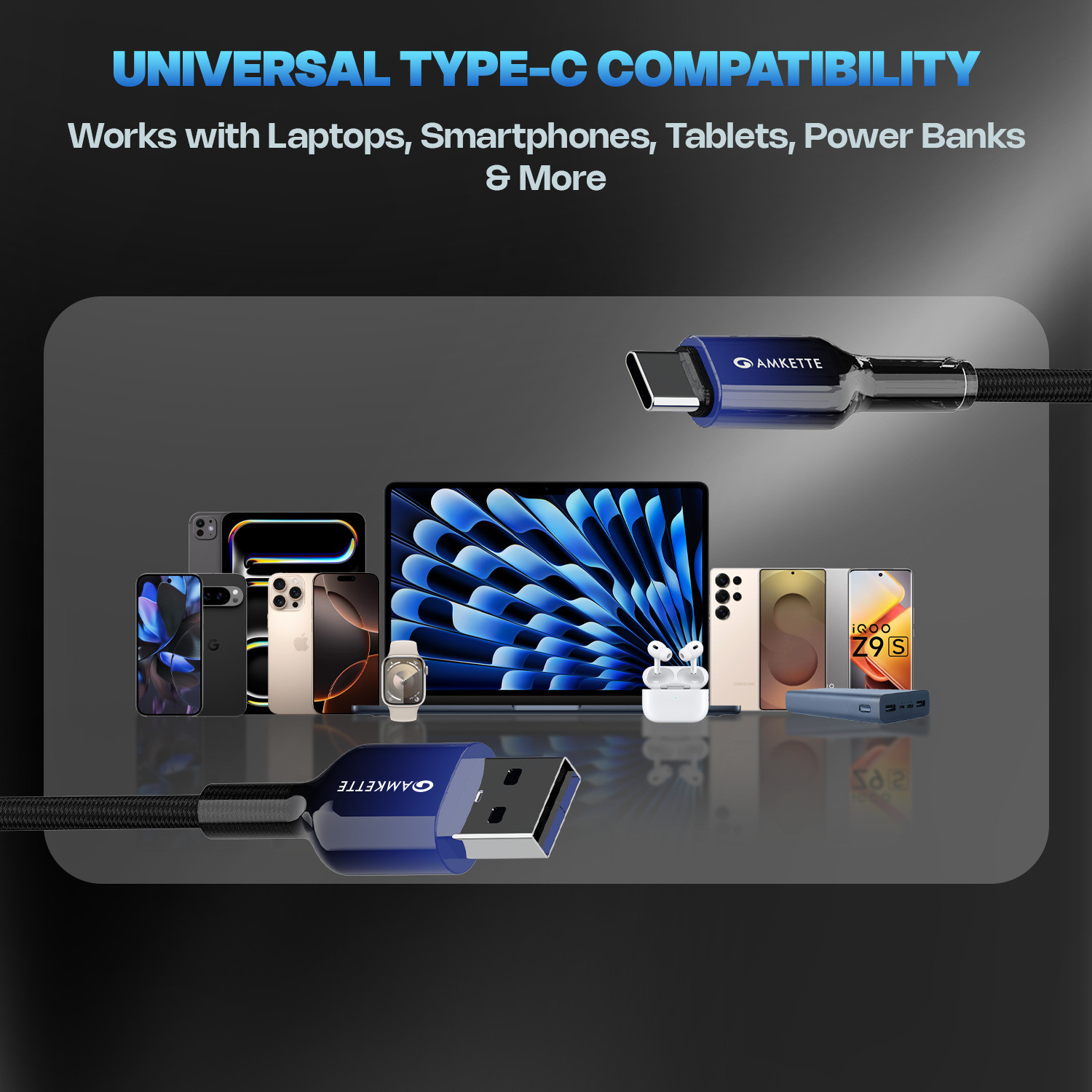 Image of AMKETTE USB Type C Cable 3 A 1 m ChargePro 65W Fast Charging USB A to Type C Braided Cable