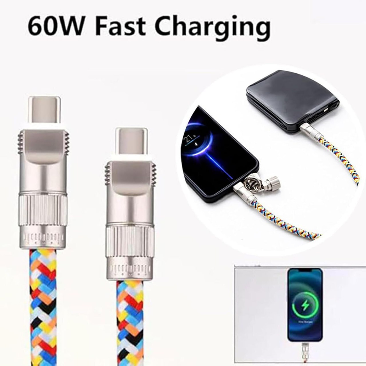 Image of SEVENSPACE USB Type C Cable 1.2 m Colorful Weaving Phone Lanyard Data Line 2 in 1 PD60W USB C to USB C Charging Cable Wire Equipped Lock Buckle