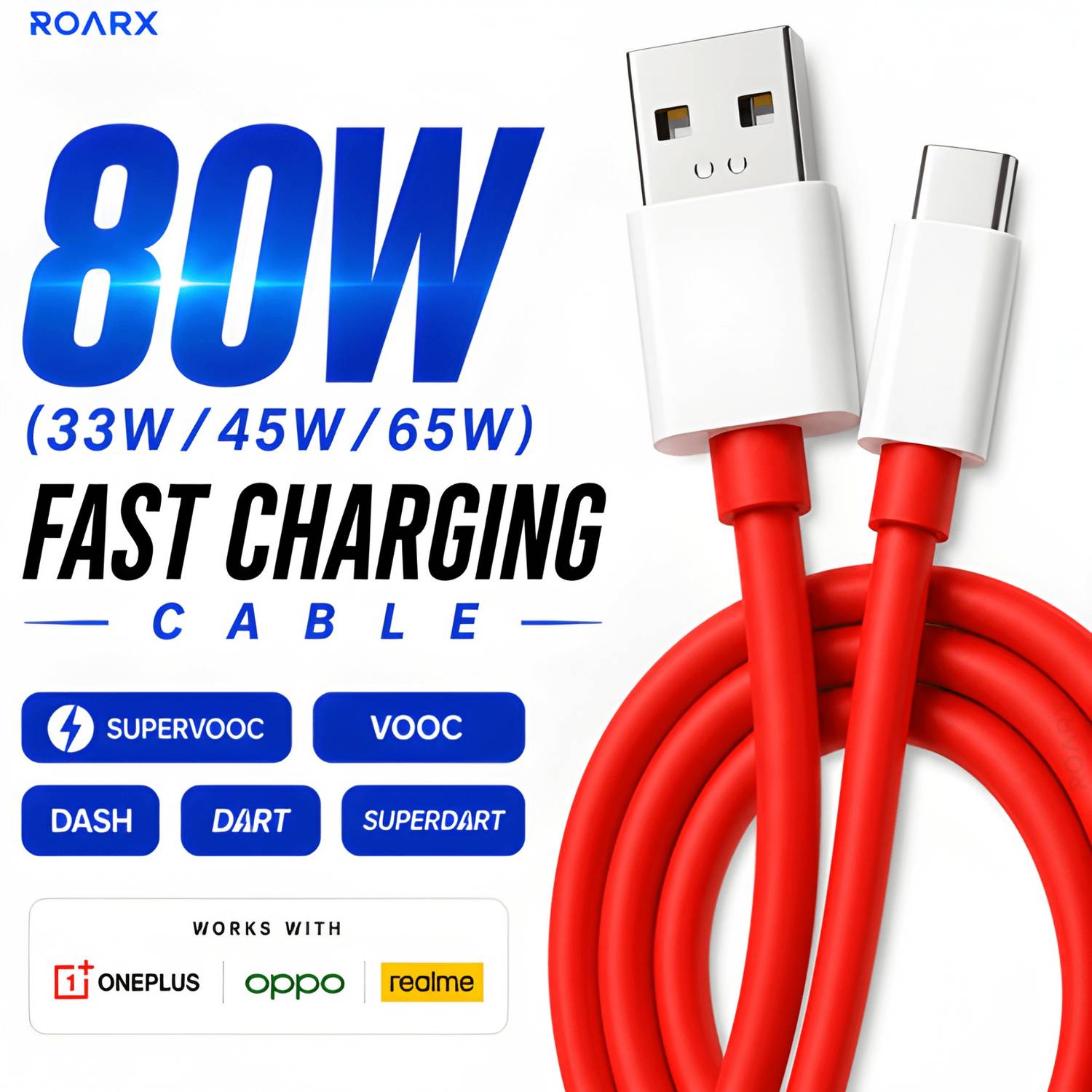 RoarX USB Type-C 80W Fast Charging Cable (1m, 8A) 5 g