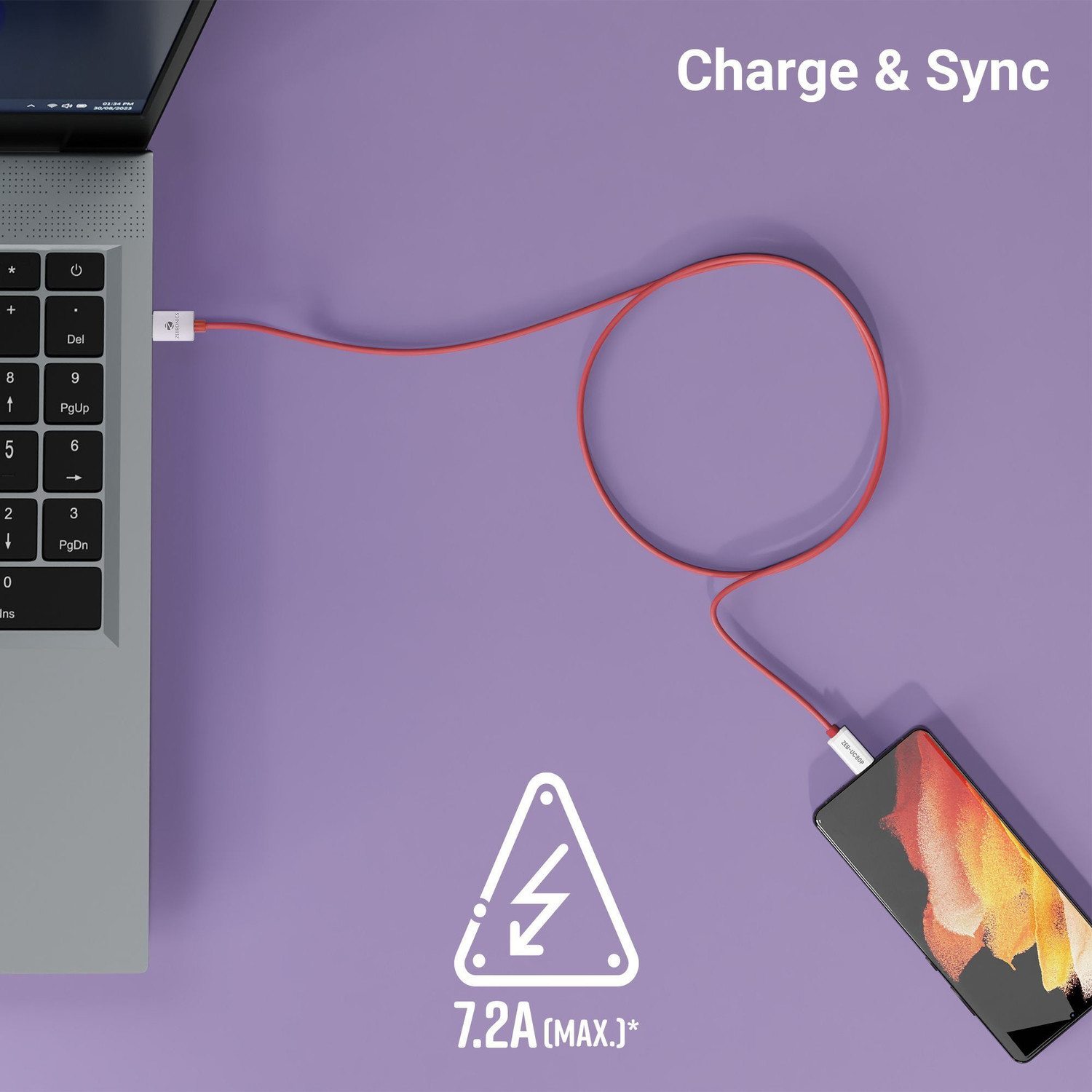 Image of ZEBRONICS USB Type C Cable 1 m Zeb UC80P (Red + White)