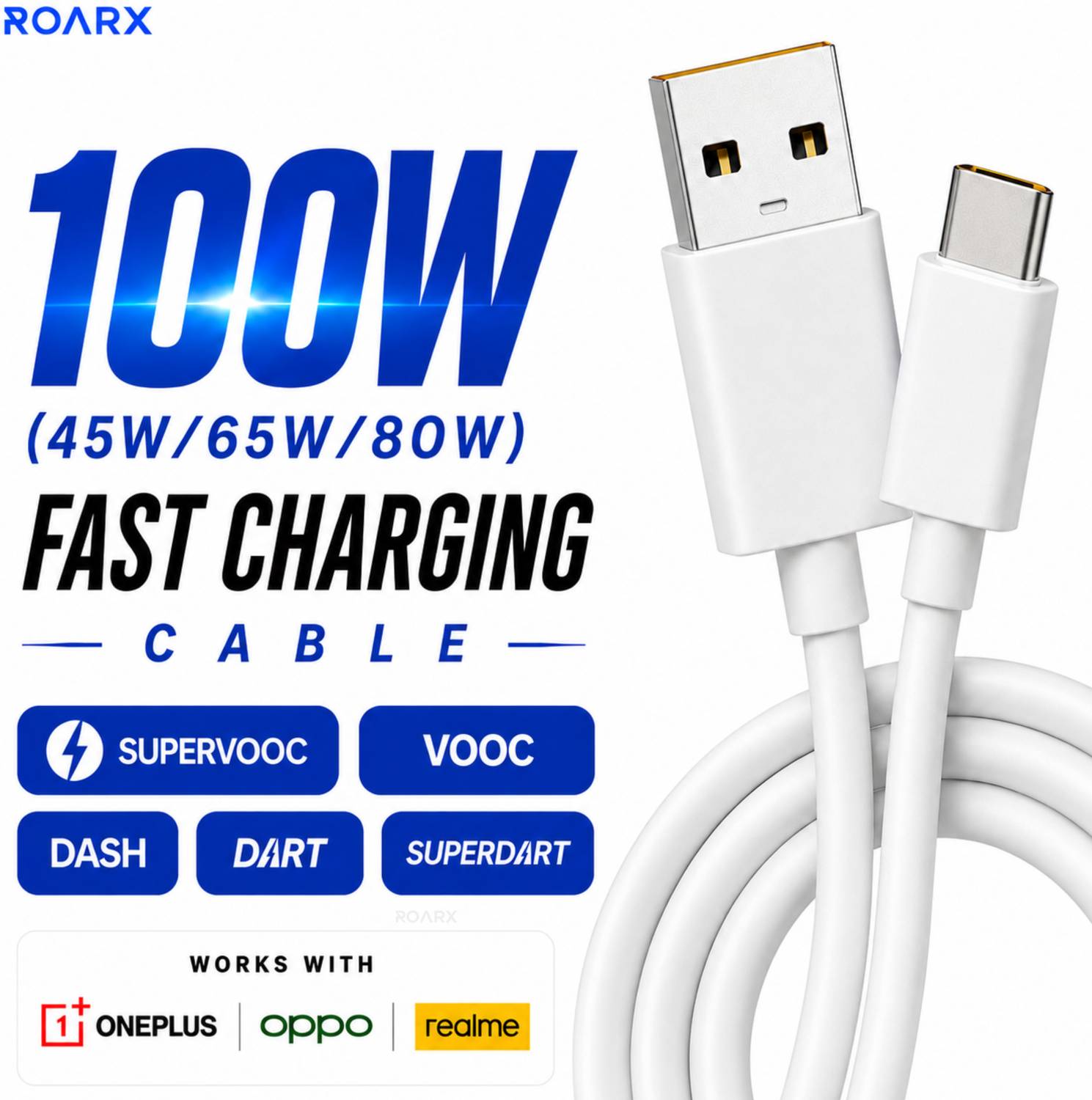RoarX USB Type C Cable 10 A 1 m TPE 100W,80W,65W,45W, DART/VOOC/SUPERDART/SUPERVOOC realme/oneplus FAST CHARGING CABLE