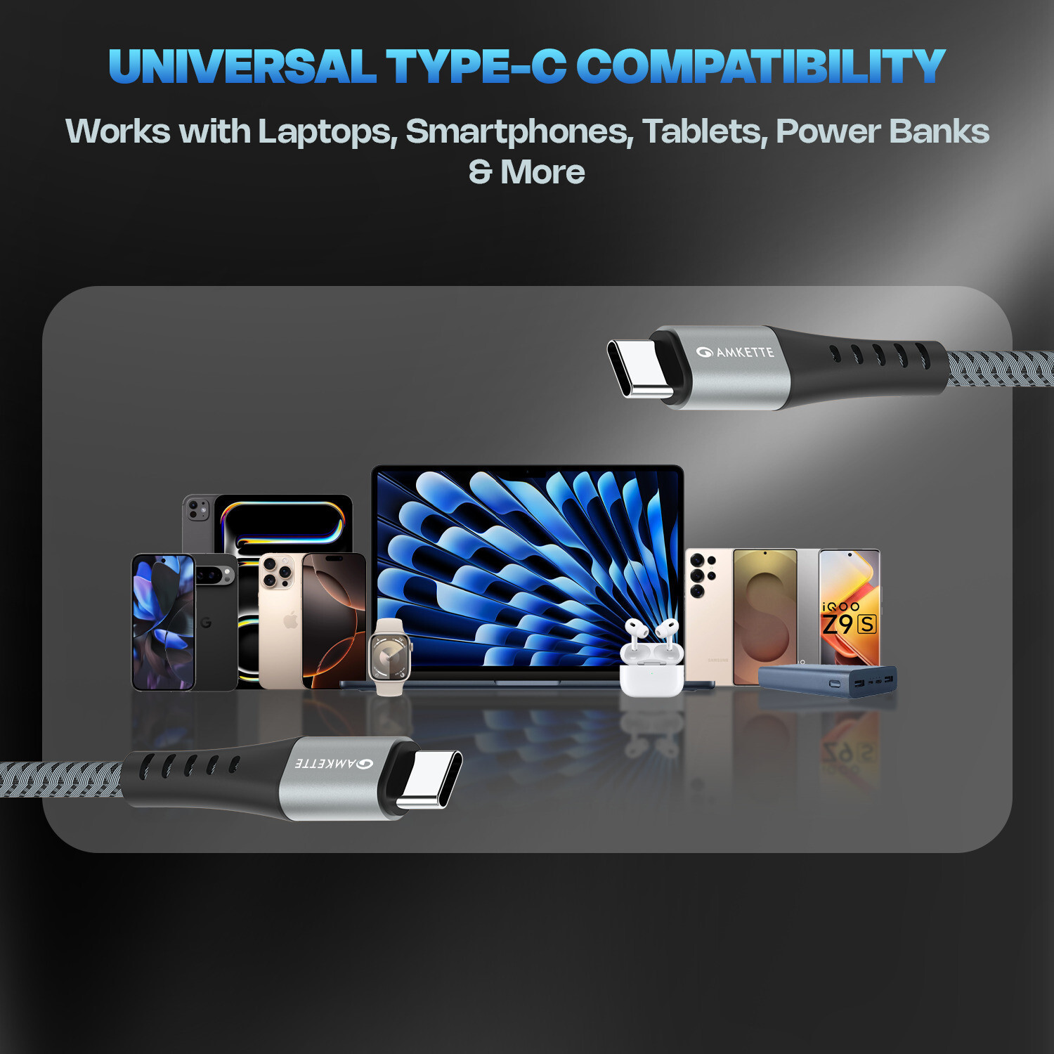 Image of AMKETTE USB Type C Cable 5 A 2 m ChargePro 100W Fast Charging USB C to Type C Braided Cable