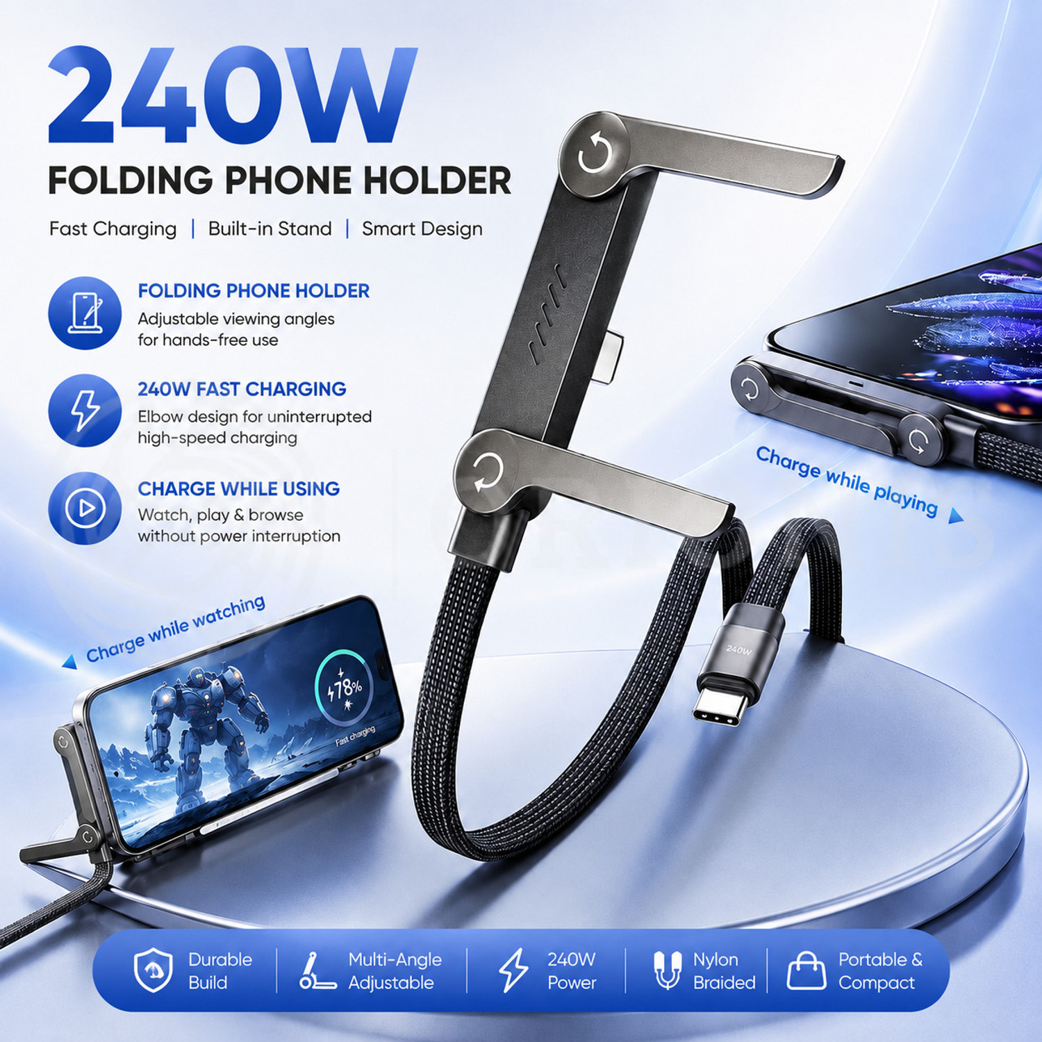 Image of Crestora USB Type C Cable 6 A 1.5 m Type C Cable, 240W Fast Charging Cable, C to C Charging Cable, Type C Cable Original 240W USB Type C to Type C Fast Charging Cable with Foldable Phone Stand | USB C Cable CK261 (Compatible with iPad, iPhone, Tablets, Smartphones, MacBook, Laptops, iPhone 15 /16 /17 Series, Samsung Galaxy, Black, One Cable, USB Type C To USB Type C, 240 W)