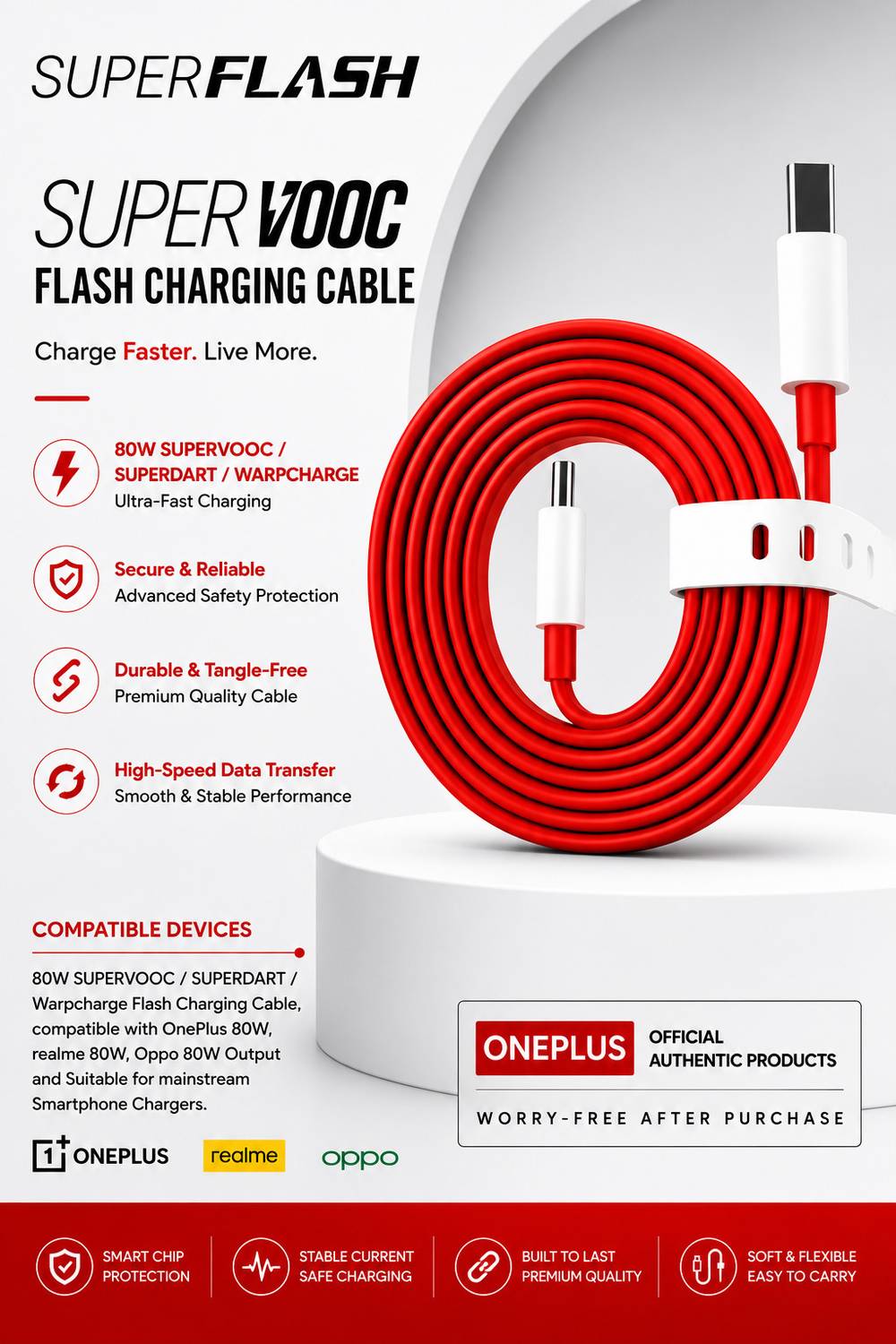 SUPERFLASH USB Type C Cable 8 A 1 m 80W OnePlus Cable with Certified Quality Assurance Oneplus Flat Design Cable | Supports Dash, Warp, VOOC, SuperVOOC & QC Fast Charging